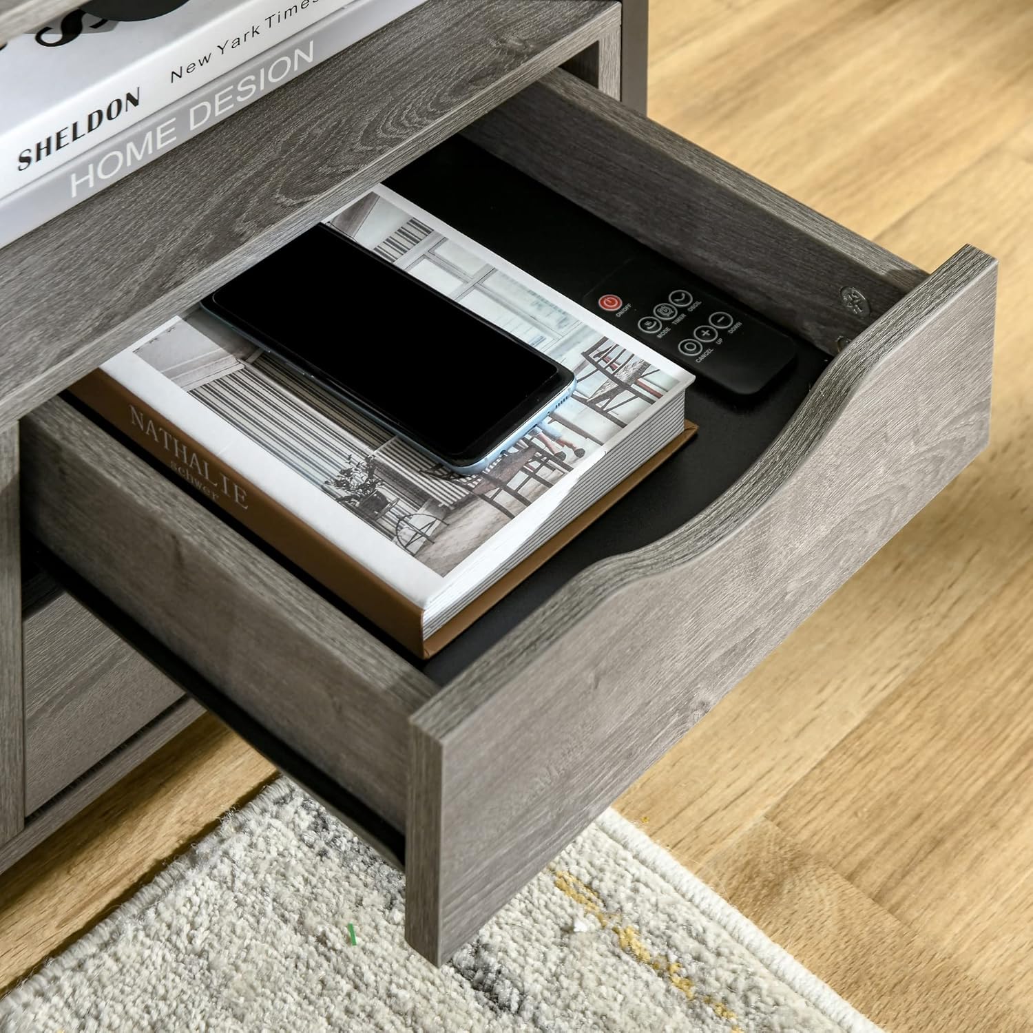 HOMCOM Mesa auxiliar industrial con 2 cajones, mesa auxiliar pequeña con estante de almacenamiento, mesa de sofá decorativa con mango de ranura y