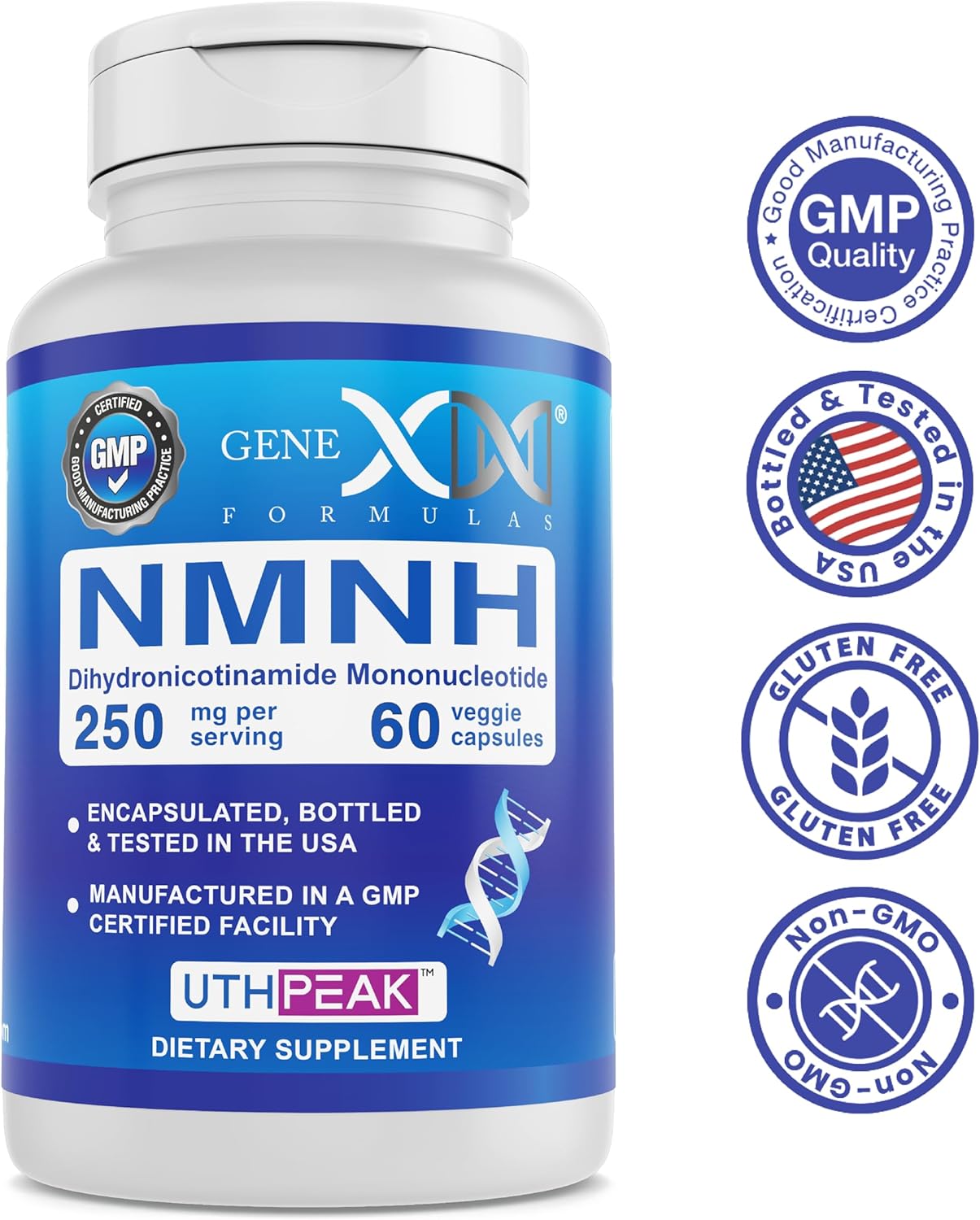 GENEX 250mg NMNH (60 cápsulas – 30 porciones)  Uthpeak NMNH (mononucleótido de dihidronicinamida) NAD+ precursor para un envejecimiento saludable –