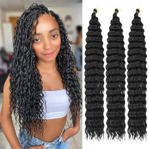 QRHSUKA Pelo de ganchillo Ocean Wave de 24 pulgadas, 3 paquetes de cabello rizado ondulado profundo para mujeres negras, trenzado de ganchillo QRHSUKA Pelo de ganchillo Ocean Wave de 24 pulgadas, 3 paquetes de cabello rizado ondulado profundo para mujeres negras, trenzado de ganchillo