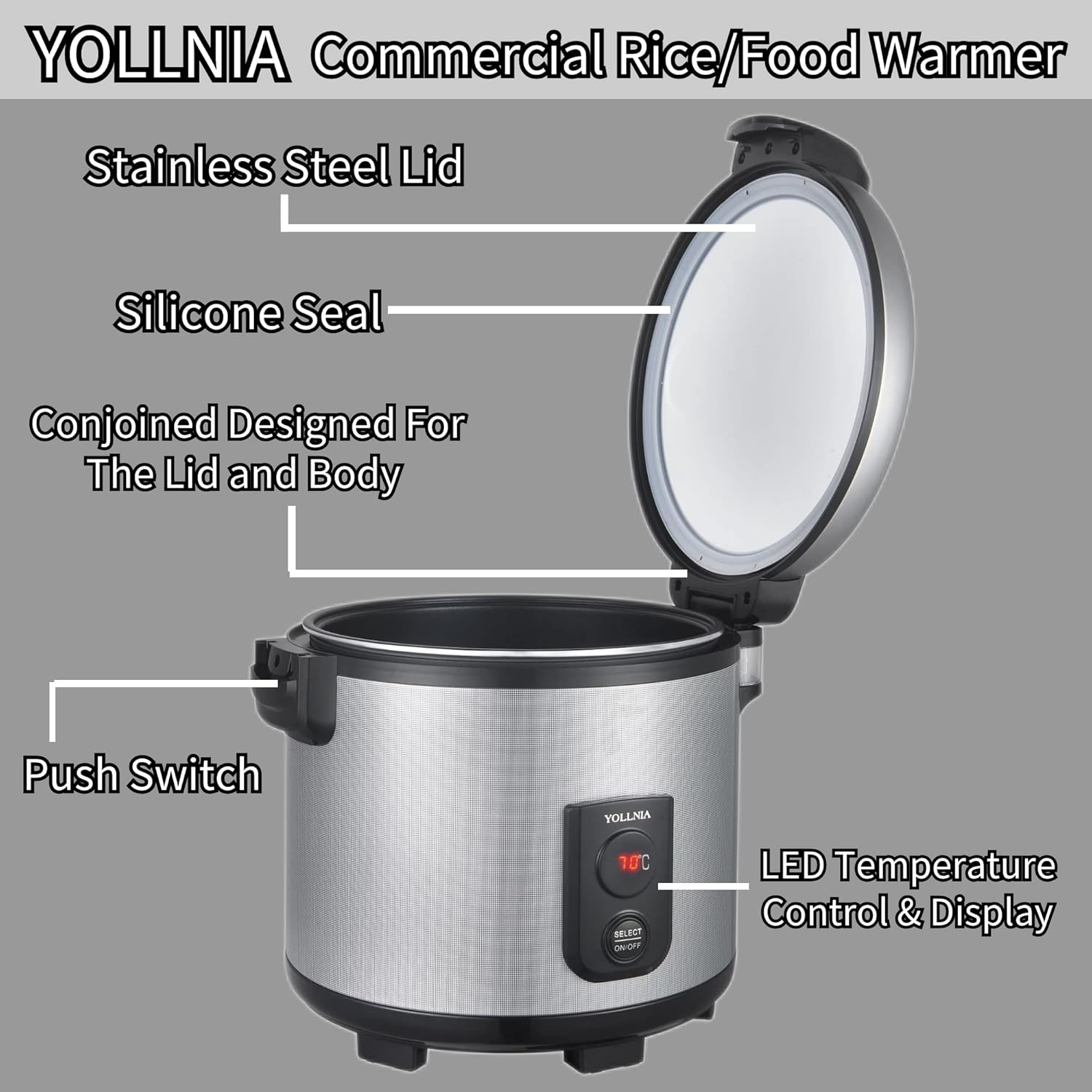 YOLLNIA Calentador de arroz comercial (no es una cocina) portátil de 18.1 cuartos de galón  100 tazas de alimentos y arroz  122  – 178  temperatura
