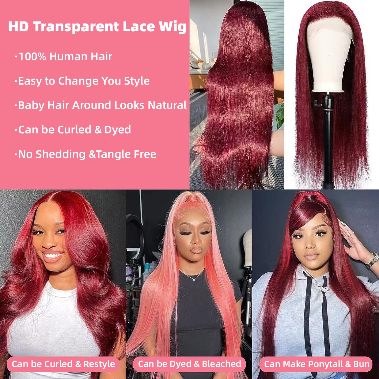 Pelucas de cabello humano con encaje frontal color burdeos 99J 13×4 HD lacio, pelucas de cabello humano prearrancado color rojo vino, peluca sin