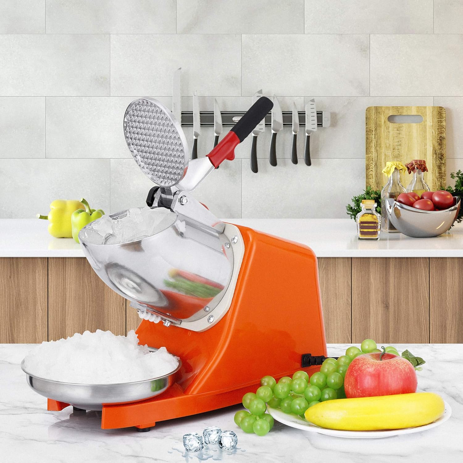 SUPER DEAL Máquina de afeitar de hielo eléctrica de 300 W mejorada Máquina de afeitar de hielo Máquina de cono de nieve 145 libras (naranja)