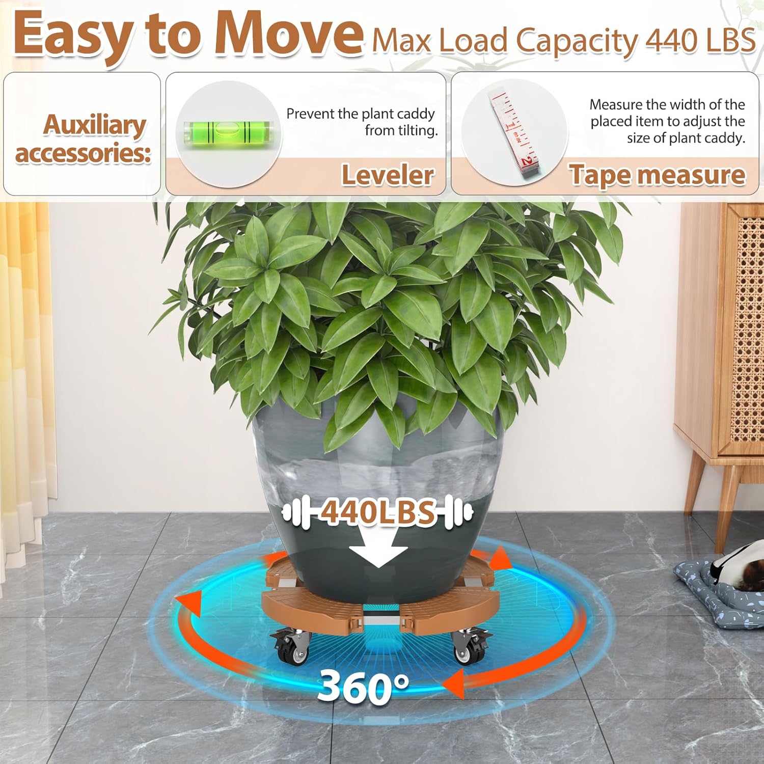 Carrito para plantas con ruedas, capacidad de 440 libras, soporte ajustable para plantas de 15 a 22 pulgadas, carrito grande para plantas con ruedas