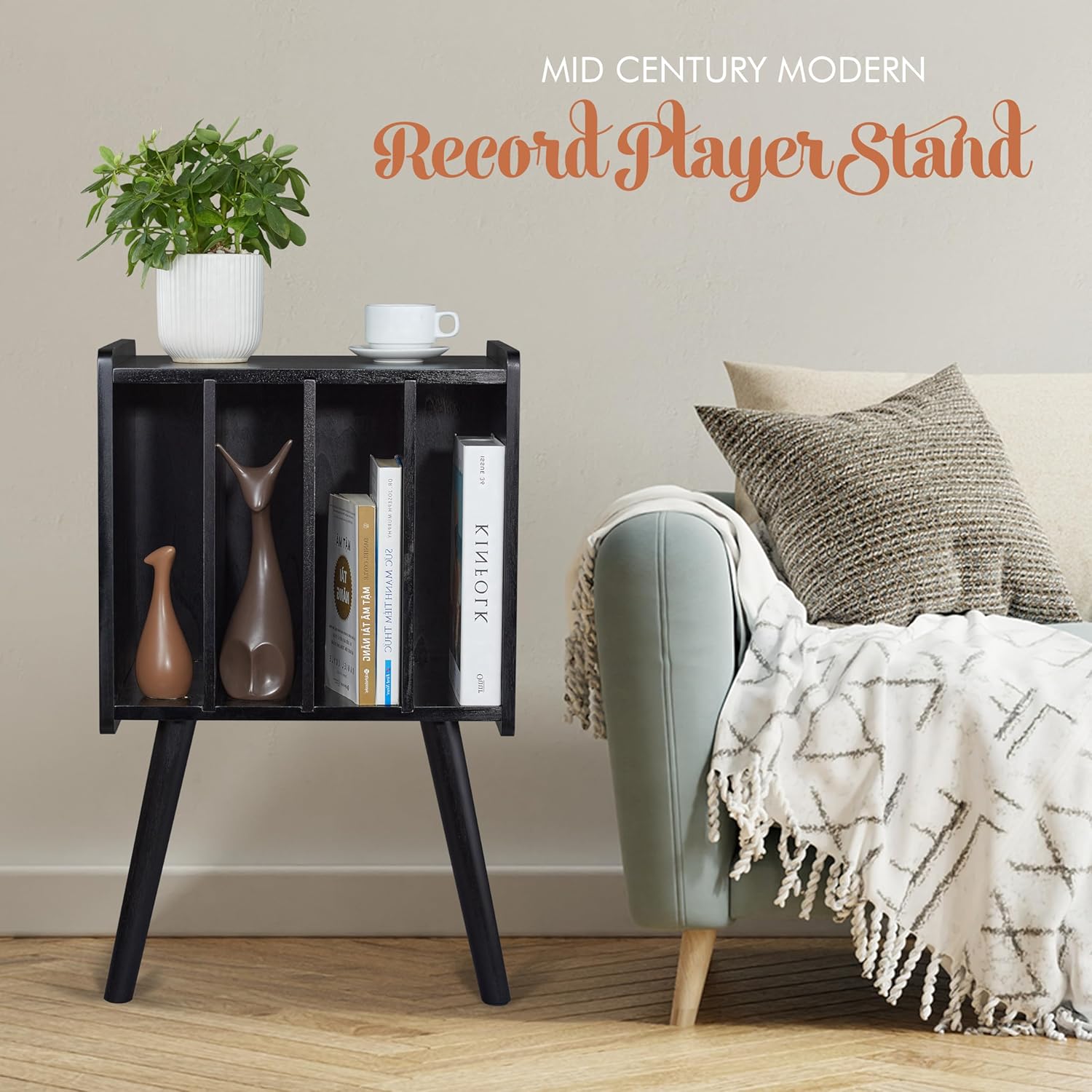 2BHOME Soporte de madera para tocadiscos, con capacidad para 100 LPs, soporte organizador de discos de vinilo de acacia natural con diseño moderno