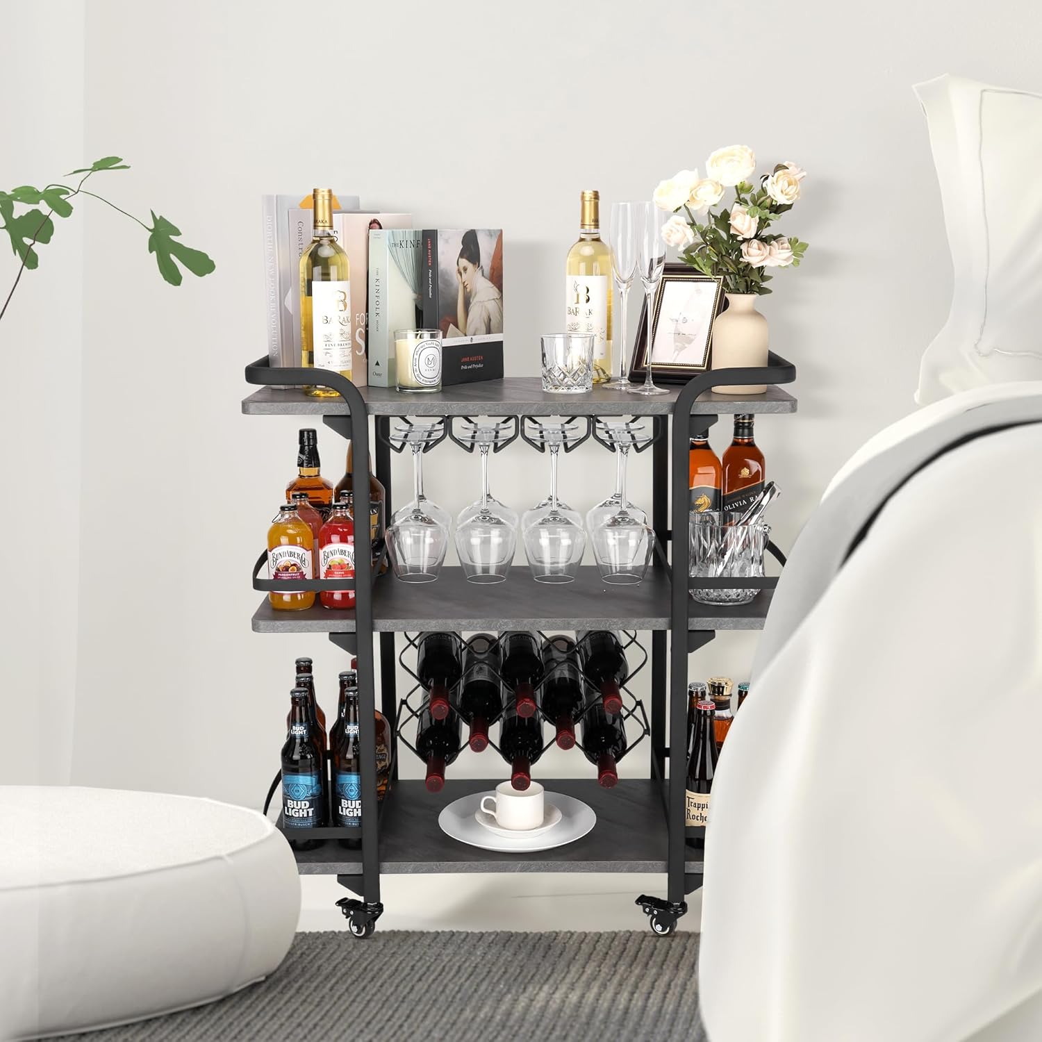 Jubao Carrito de barra de 3 niveles para el hogar, móvil con soportes para vidrio y 8 estantes de almacenamiento de vino, carrito de cocina para