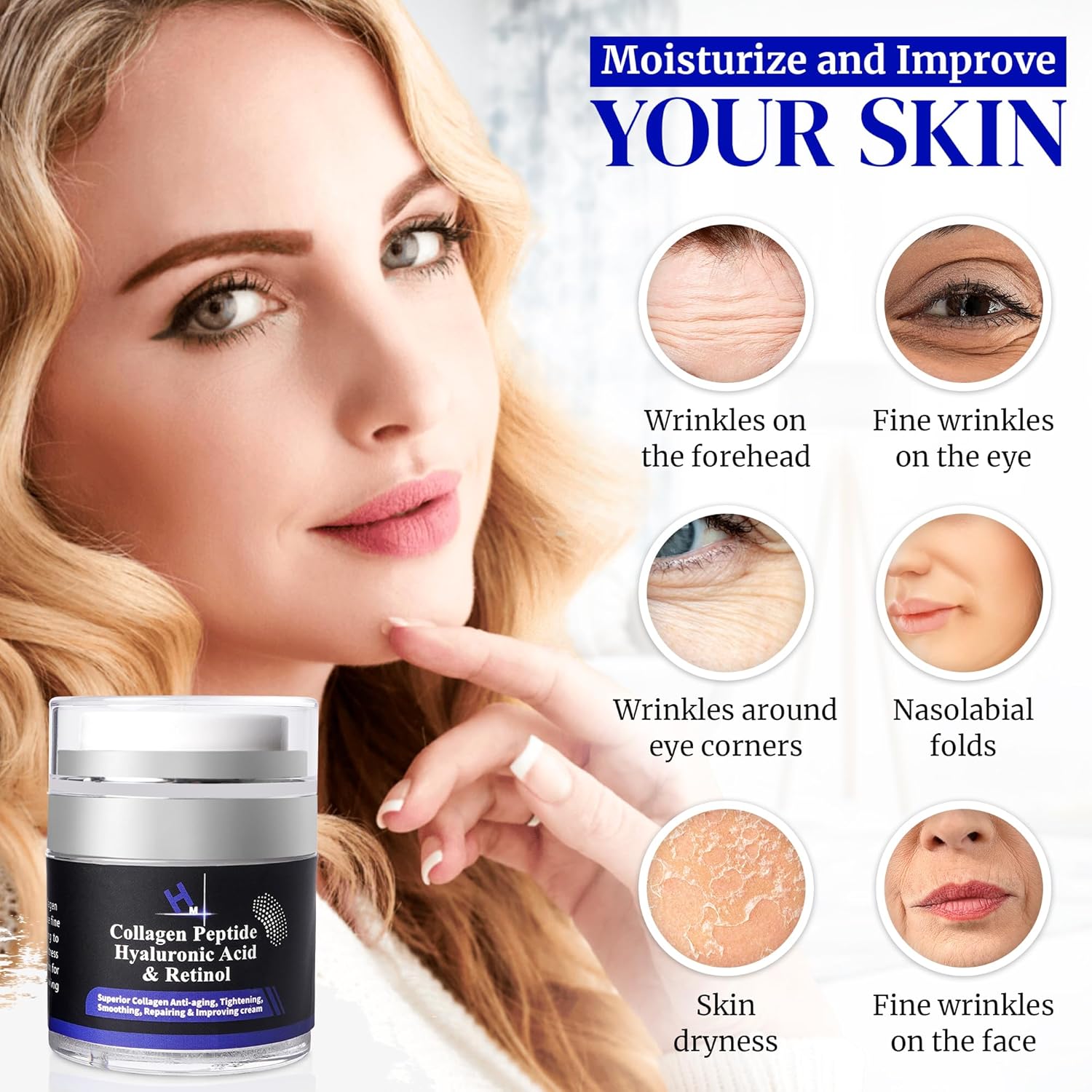HM – Crema de péptido de colágeno con ácido hialurónico, retinol y vitamina E, antiarrugas y antienvejecimiento, restaura el colágeno a la piel,