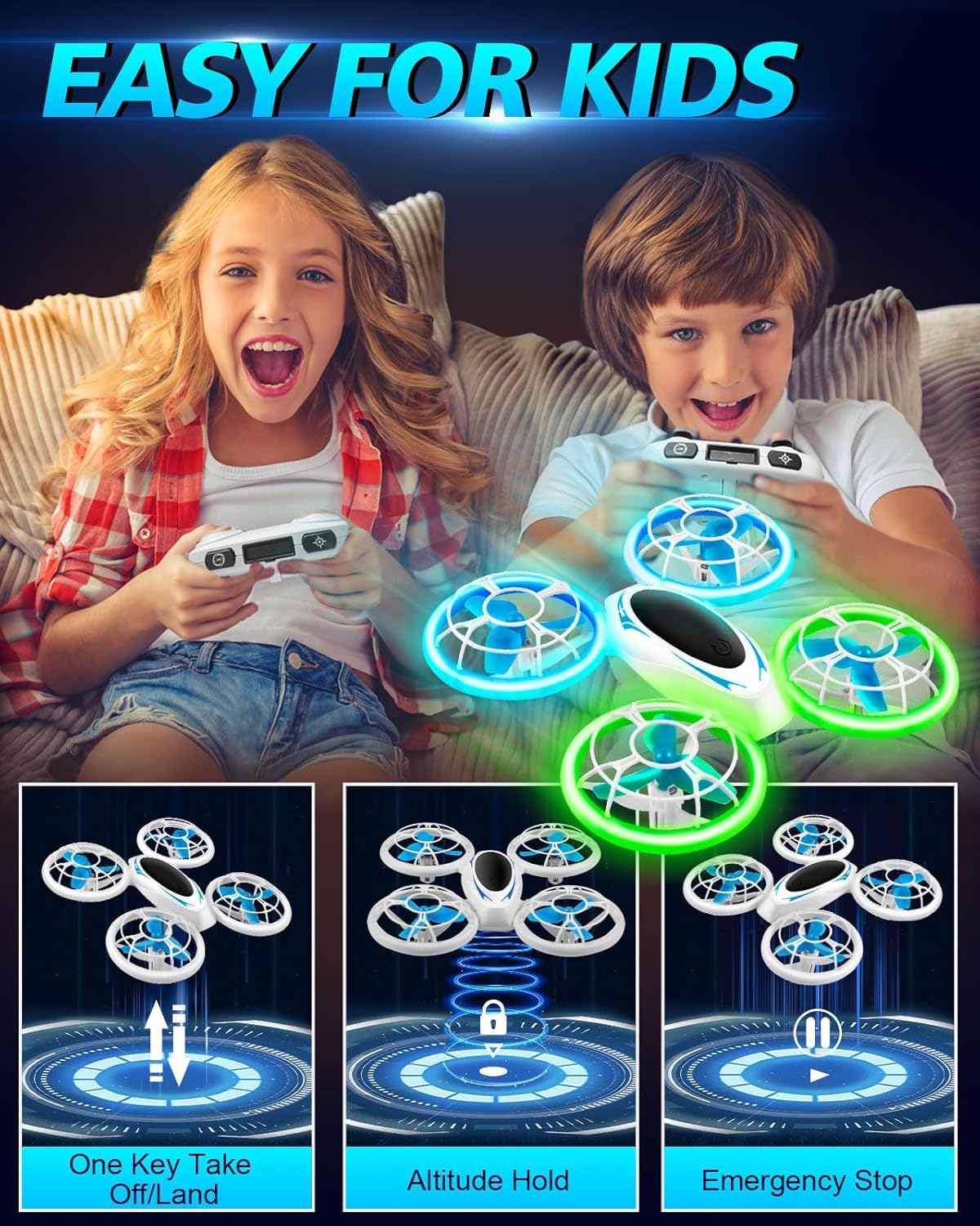 Mini dron para niños, dron de control remoto para principiantes con modo sin cabeza, pequeño dron RC para niños con protección completa de hélice, 3