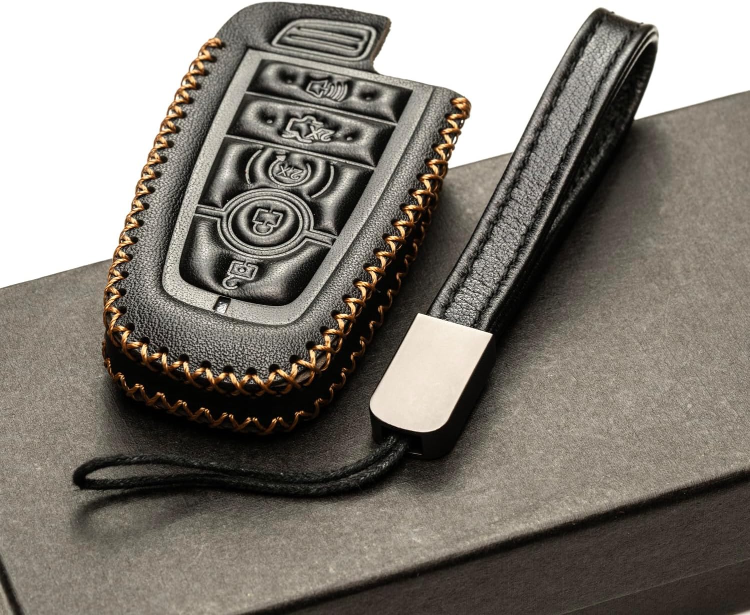 Vitodeco Funda de cuero genuino para llavero inteligente compatible con Ford Mustang 2018-2025, Ford Mustang Mach-E 2021-2025 (5 botones, negro)