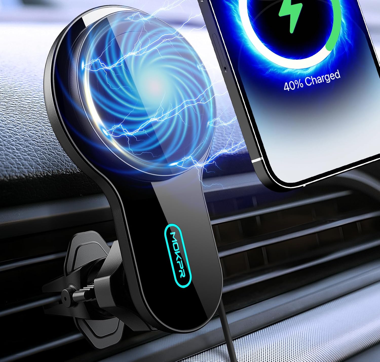 MOKPR Cargador de coche MagSafe para automóvil, disipación de calor de 15 W, cargador inalámbrico para automóvil, carga rápida, soporte magnético
