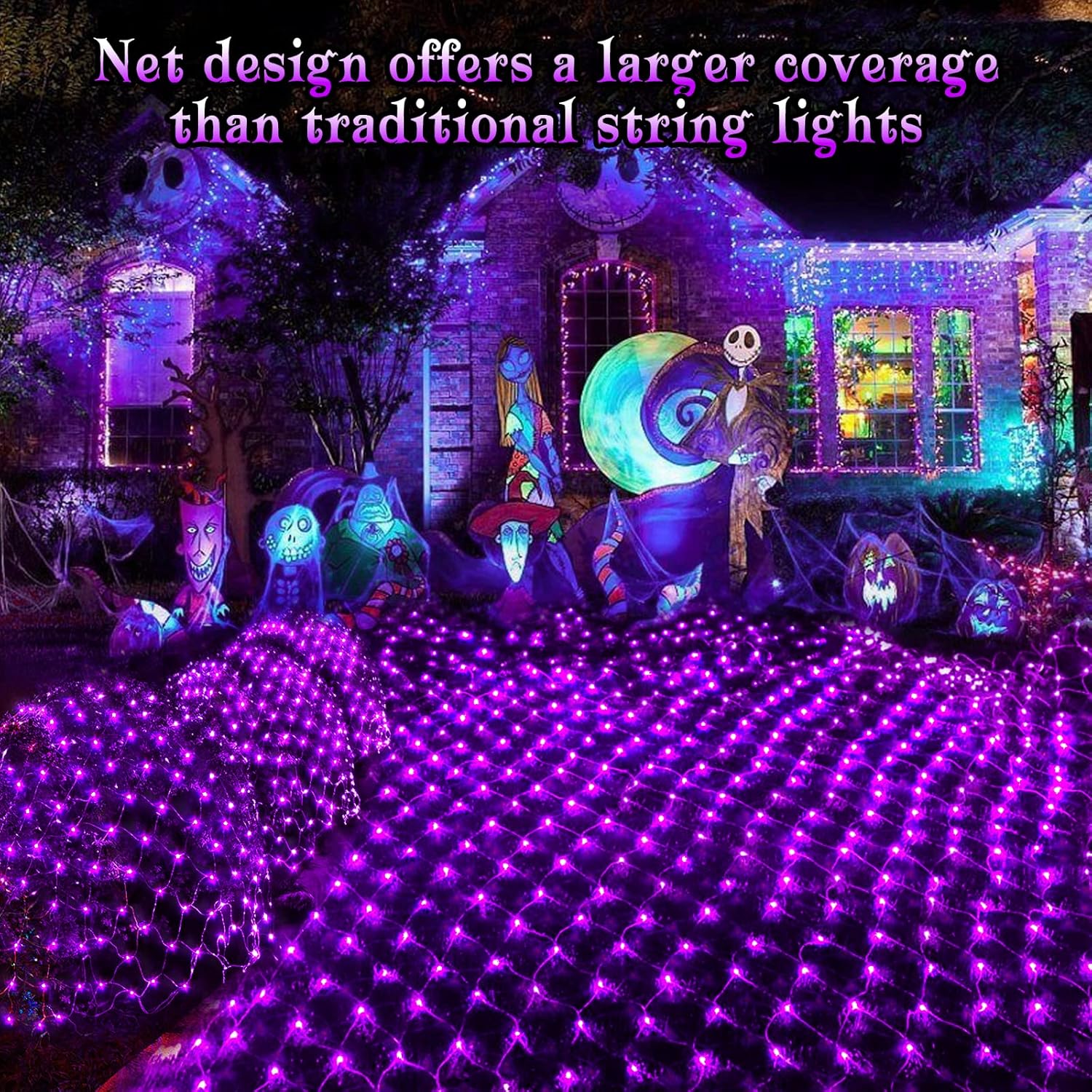 Luces de red de Halloween, 200 luces LED de 8.2 pies x 4.9 pies, luces moradas de Halloween con 8 modos, temporizador, conectable, diseño de alambre