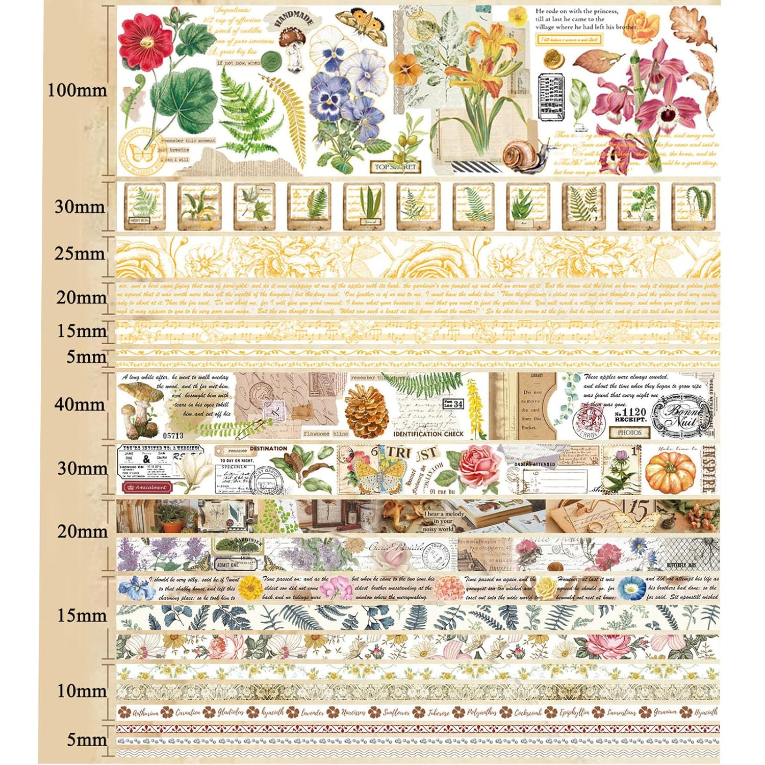 Jungle Story – Juego de 20 rollos de cinta Washi, 51015202530403.937 in de ancho, helechos, flores, elemento de mariposa, cinta adhesiva de lámina