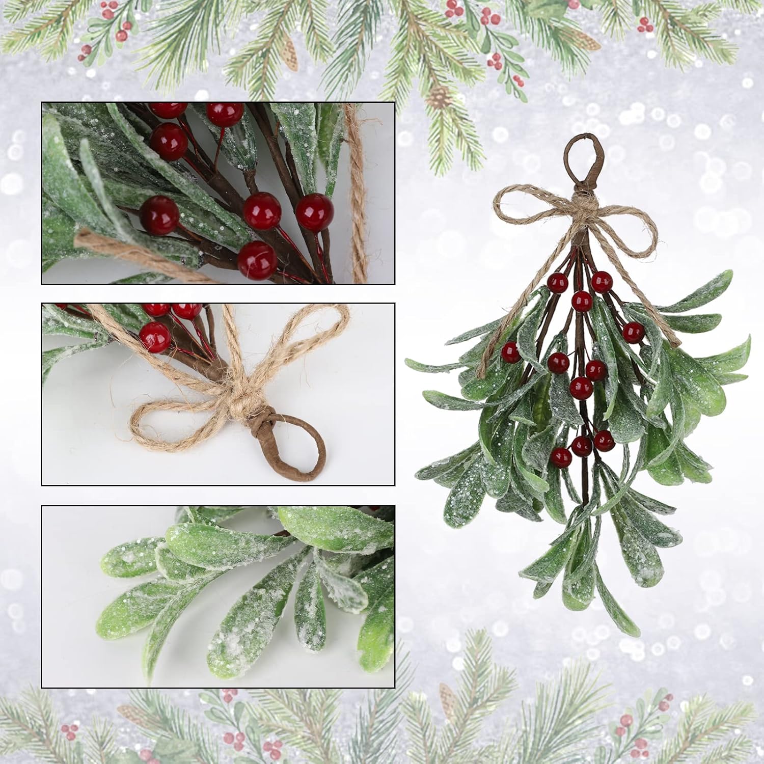 4 púas de muérdago artificiales, decoración de muérdago navideño de 9.1 pulgadas con bayas rojas, tallos florales de muérdago artificiales, adorno