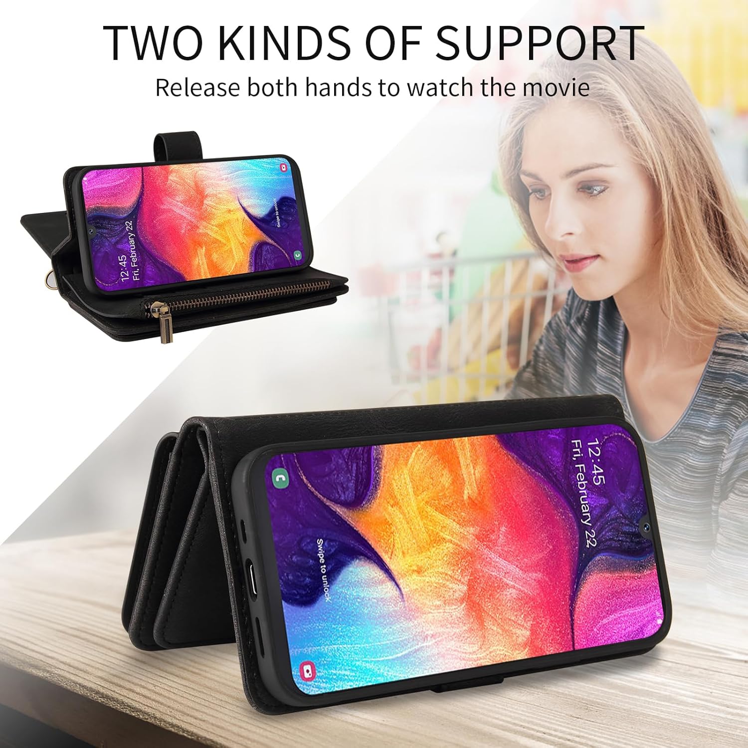 Asuwish Funda de teléfono para Samsung Galaxy A50 A50S A30S Funda tipo cartera con protector de pantalla de vidrio templado y correa para la muñeca
