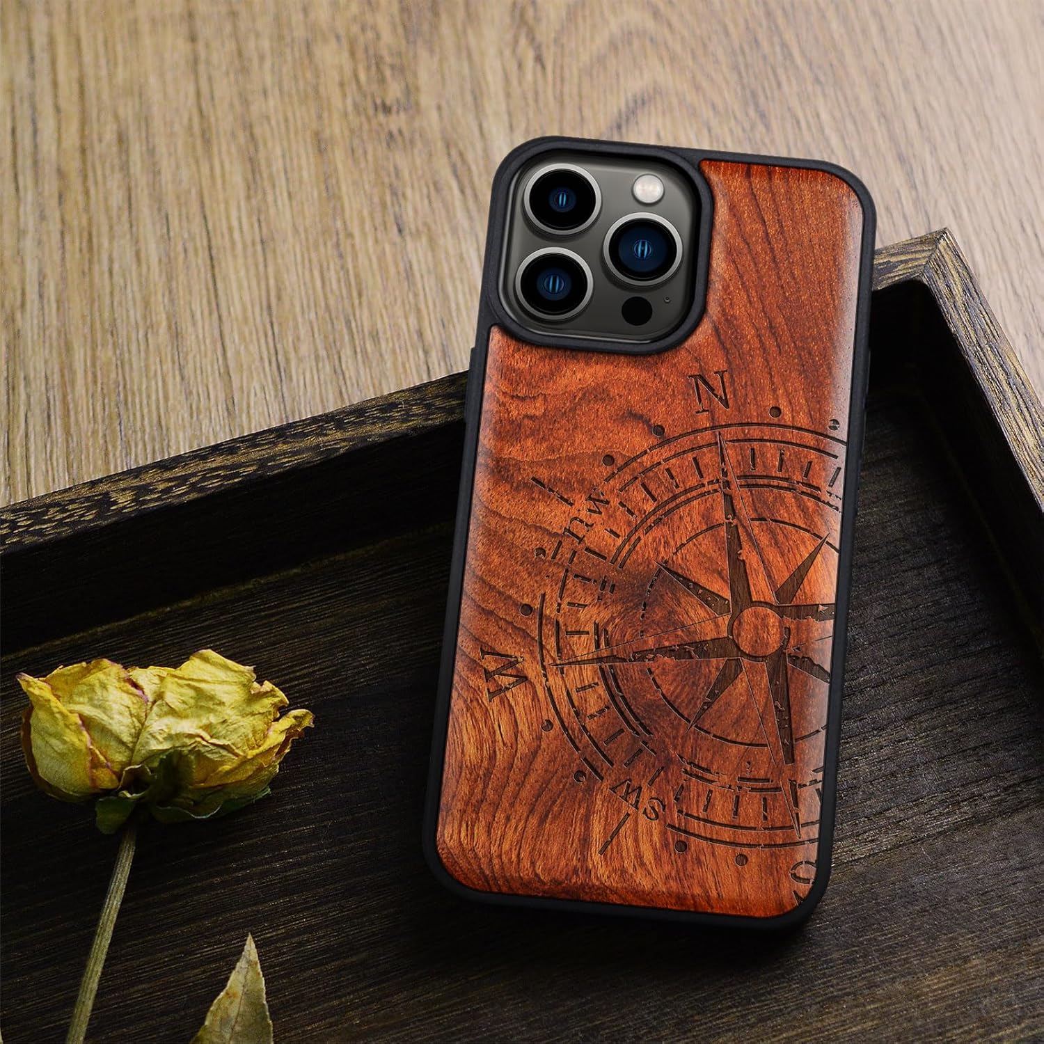 Carveit Funda magnética de madera para iPhone 15 Pro Max madera maciza y TPU suave negro a prueba de golpes, funda de madera única compatible con