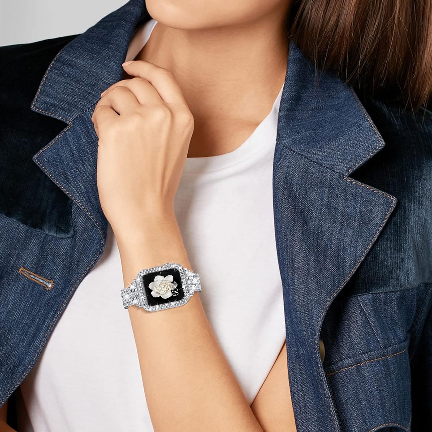 Correas brillantes y funda compatible con Apple Watch de 1.49, 1.57, 1.61, 1.65, 1.73, 1.77 y 1.73 pulgadas, pulsera delgada de metal con cubierta