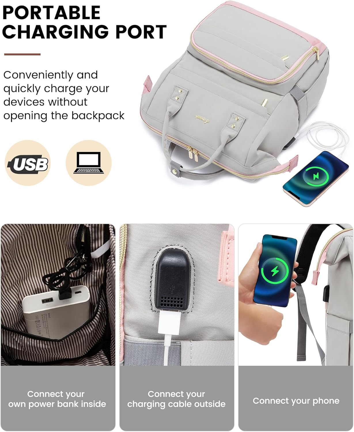 LOVEVOOK Mochila para laptop para mujer, 15.6 pulgadas de ancho abierto, mochila de viaje para mujer, con puerto USB, impermeable, para profesores,