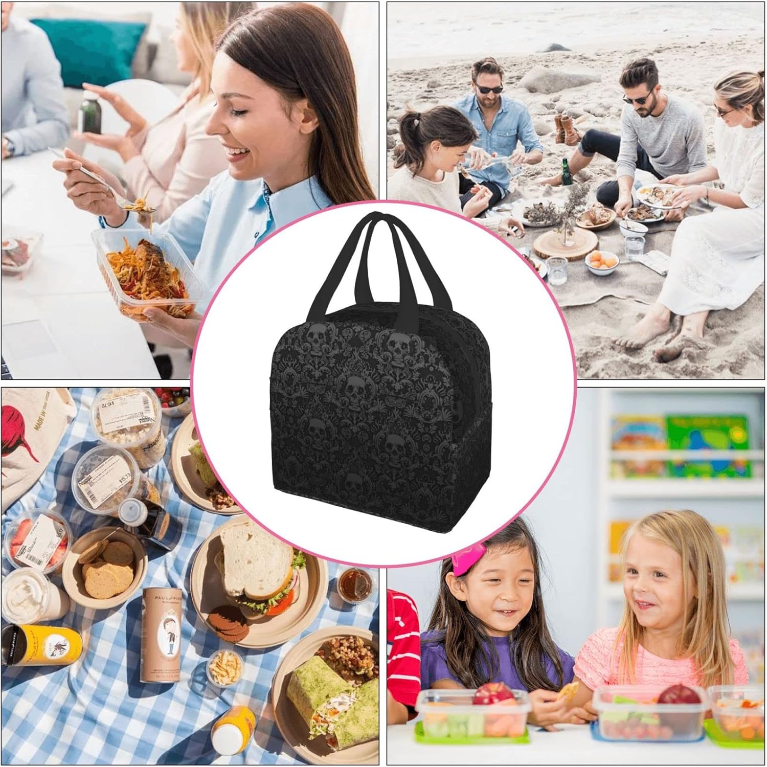 Bolsa de almuerzo aislada de calavera negra gótica con bolsillos, para mujeres y hombres, reutilizable, portátil, térmica, para el trabajo, picnic,