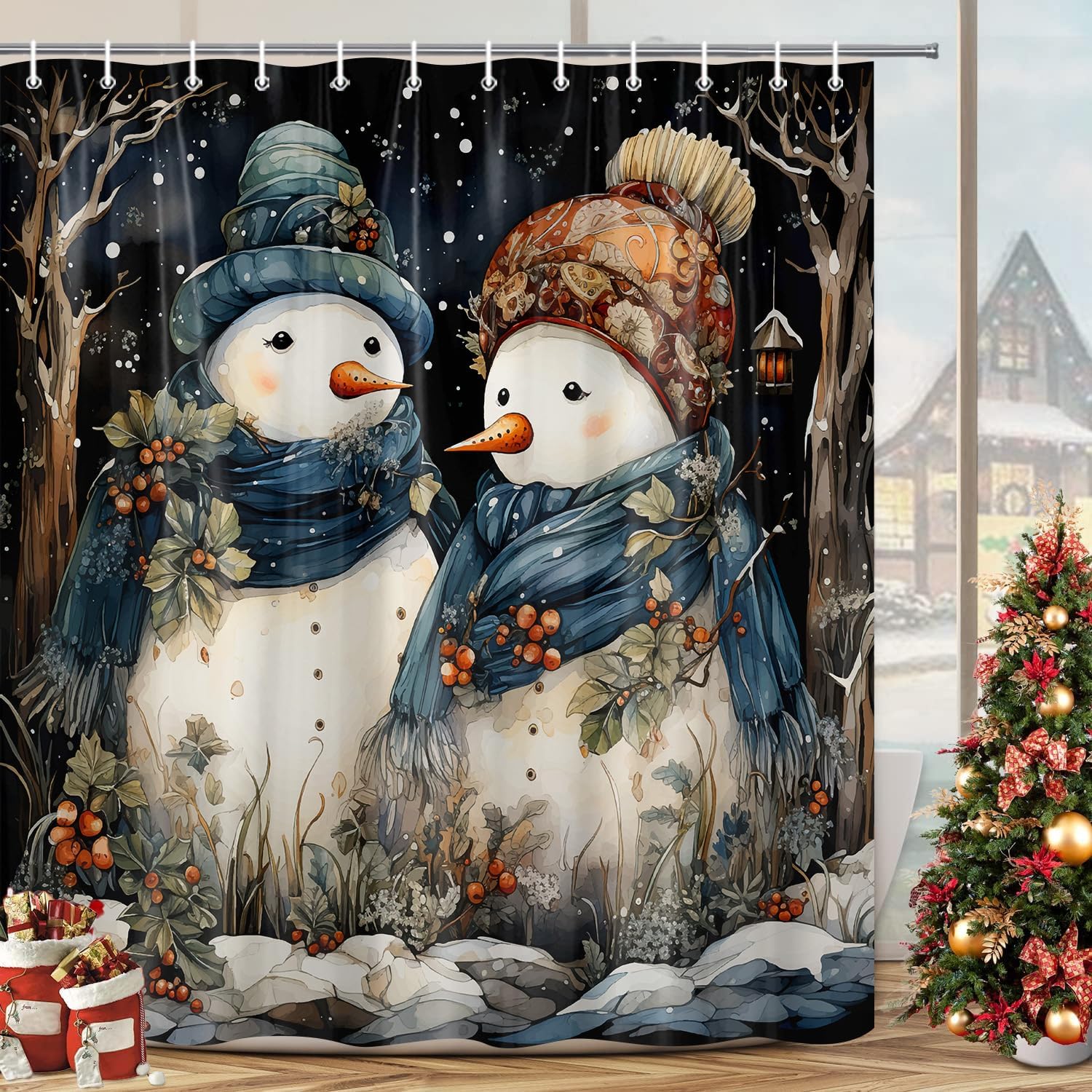 Xiaoput Cortina de ducha con diseño de muñeco de nieve de invierno para baño, muñeco de nieve de Navidad en bosque nevado, impermeable, accesorios