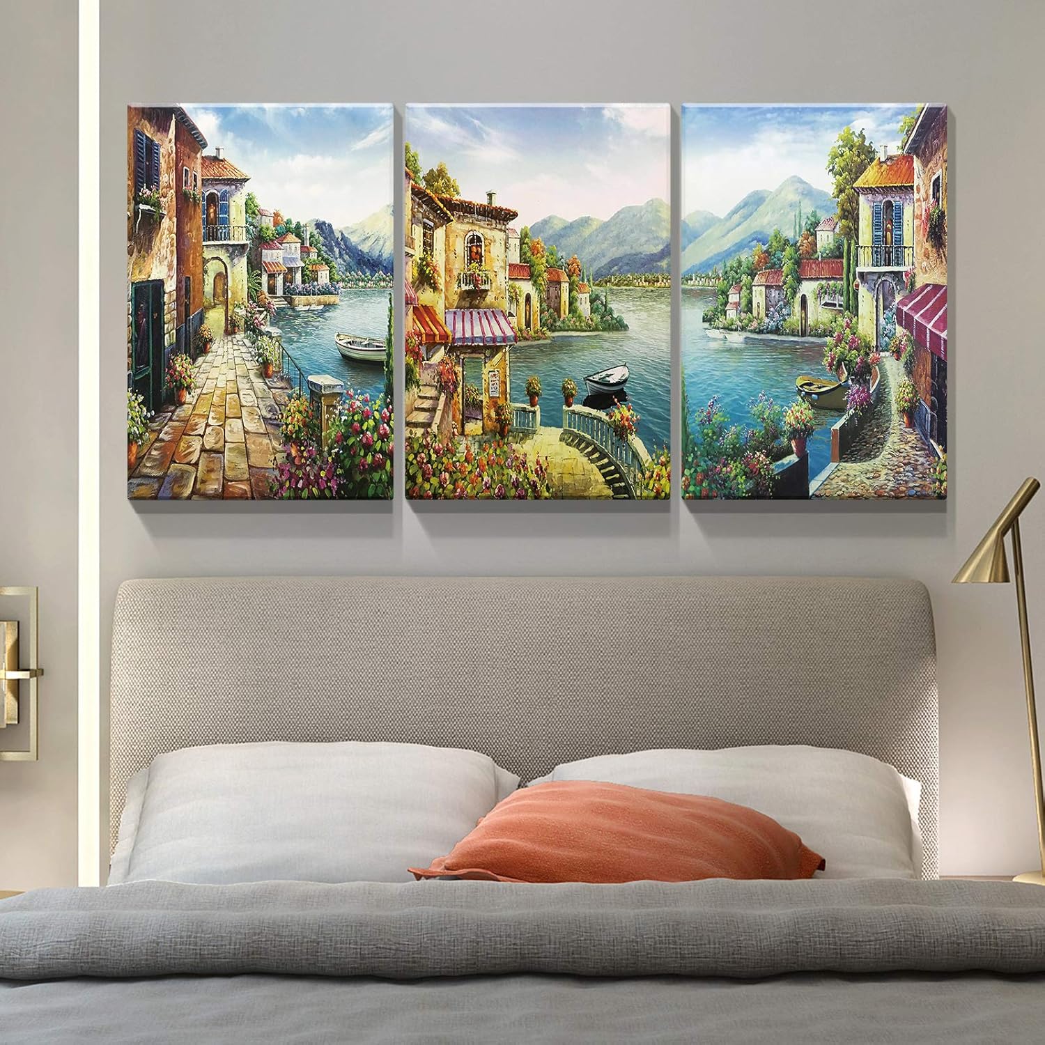 Denozer Lienzo decorativo para pared, lienzo de ciudad europea, 3 piezas, arte de pared con flores costeras, pintura de reproducción para oficina,