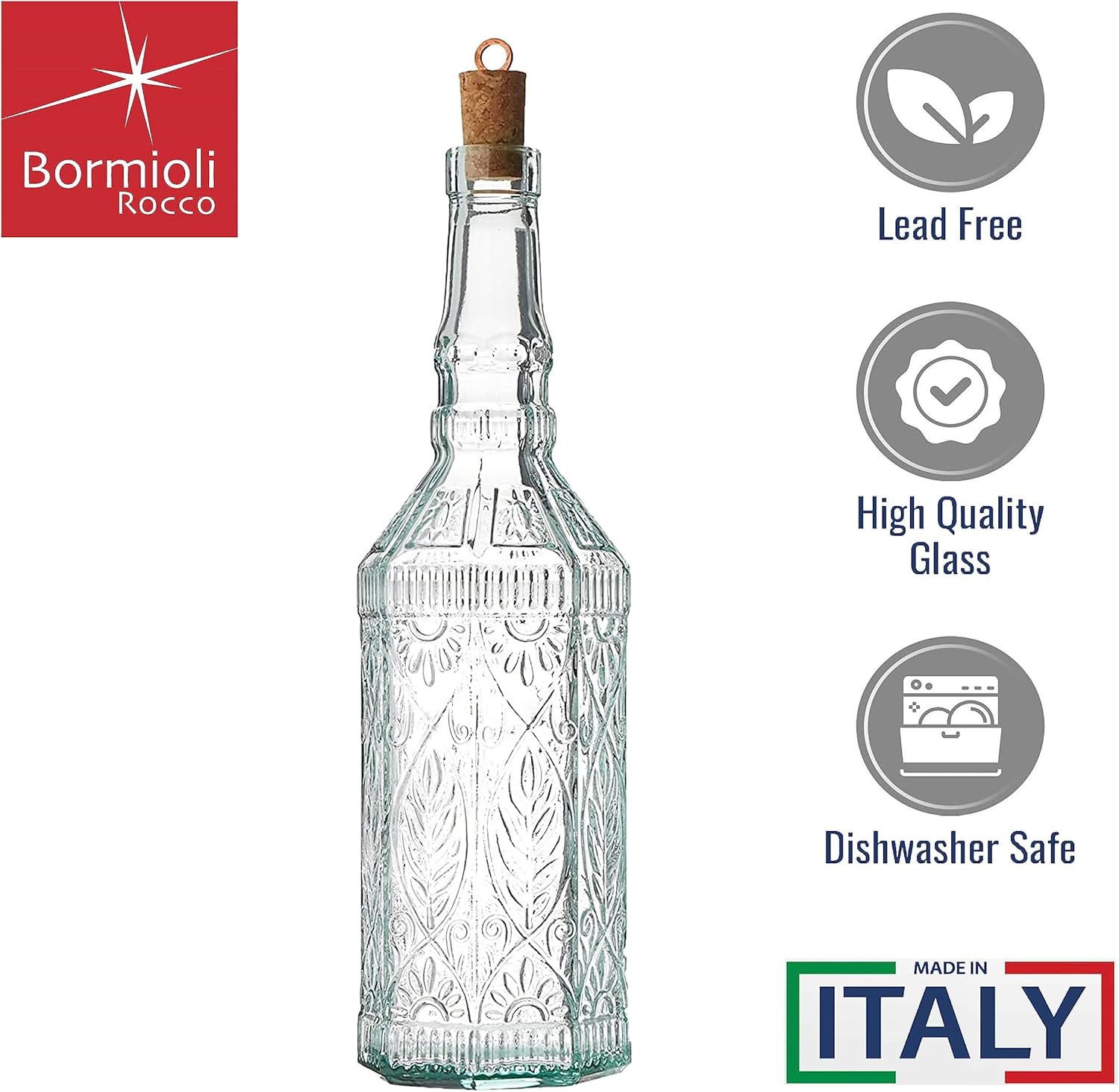 Bormioli Rocco Juego de 2 botellas Country Home Fiesole de 24 onzas con tapa de corcho natural, cristal de estrella teñido azul-verde, diseño