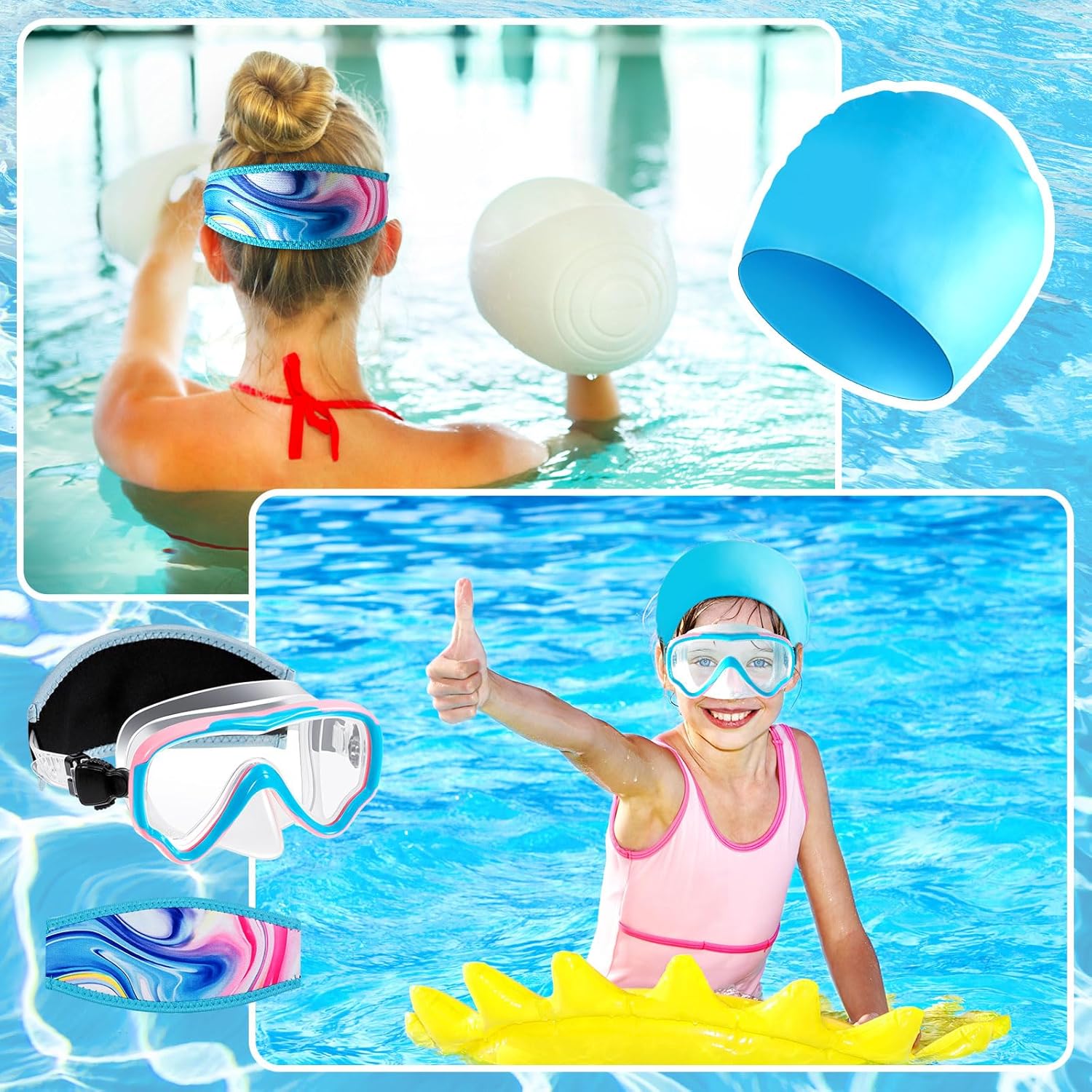 Fabbay 4 pares de gafas de esnórquel para niños, máscara de esnórquel con cubierta para la nariz, 4 piezas de neopreno para correa de neopreno, 4