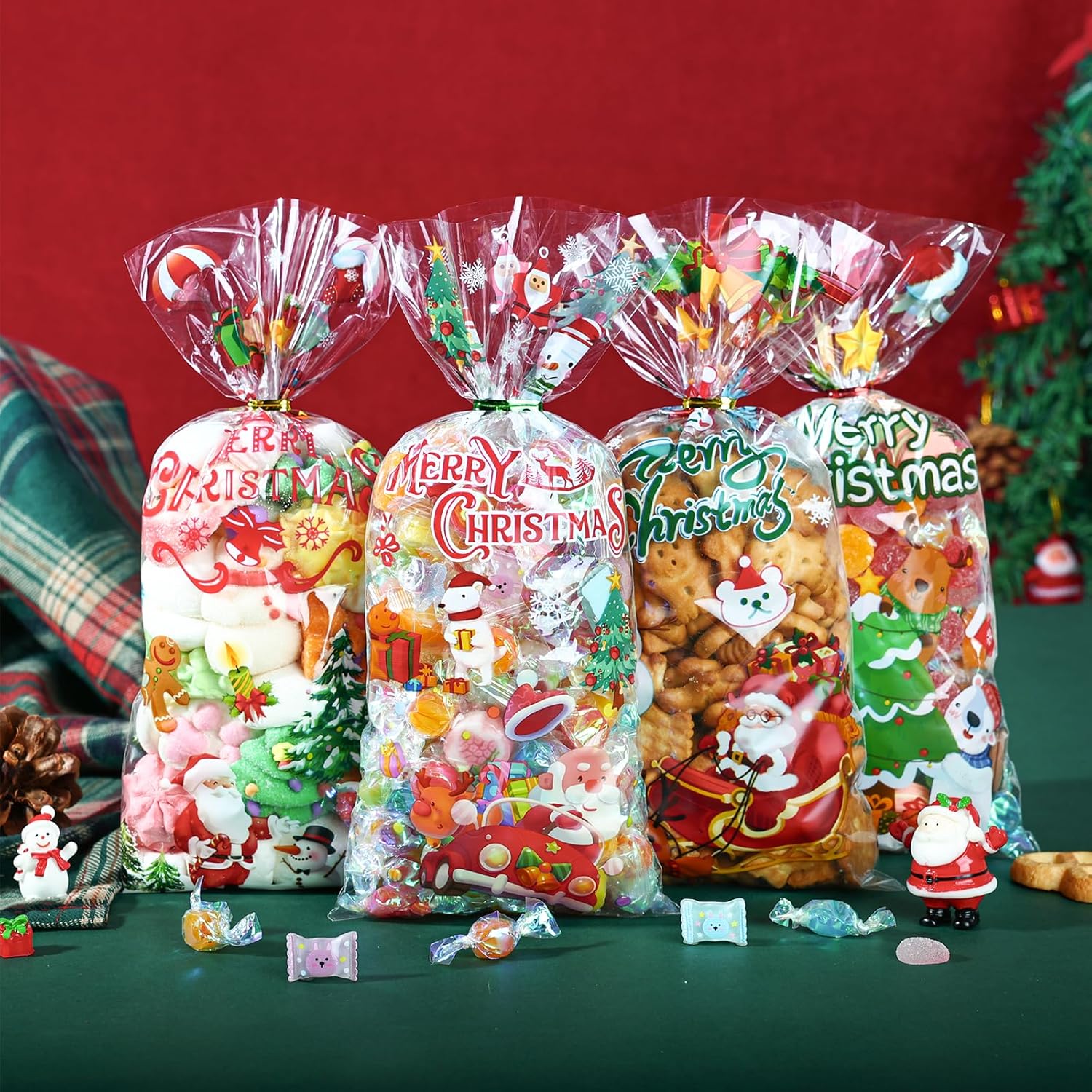 JMANNI 120 bolsas de celofán de Navidad, bolsas transparentes de celofán de Navidad, bolsas de dulces dulces de celofán de Navidad, bolsas de fiesta