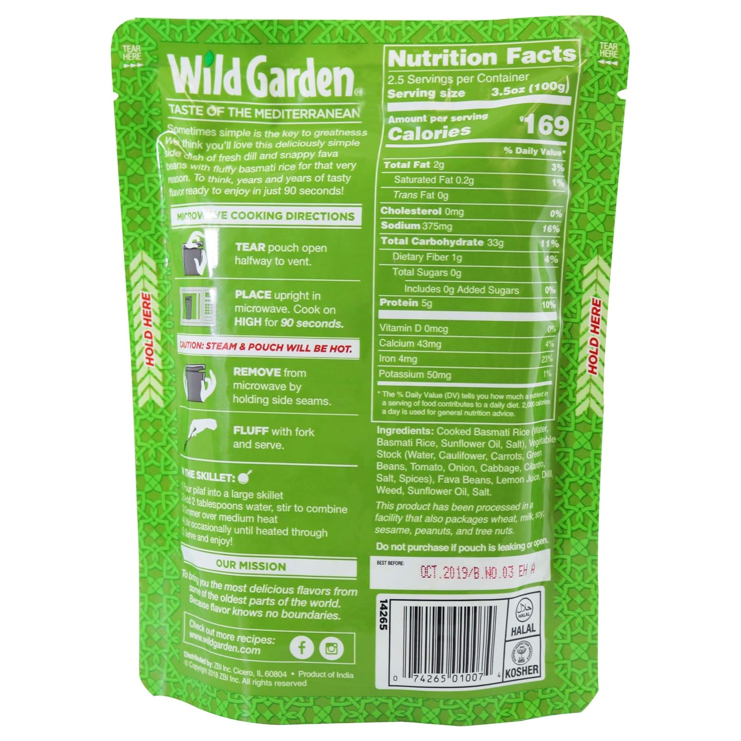 Wild Garden Caliente y sirva pilaf, eneldo y fava, completamente cocido, listo para comer, apto para microondas, 8.8 onzas, paquete de 6