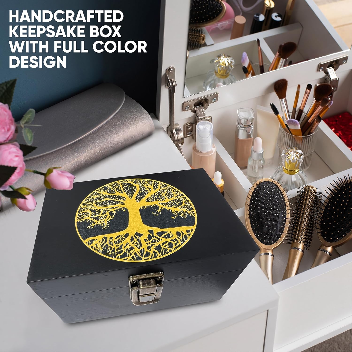 Caja de recuerdos del árbol de la vida, caja de almacenamiento de madera negra, caja de madera decorativa para decoración del hogar, caja de memoria