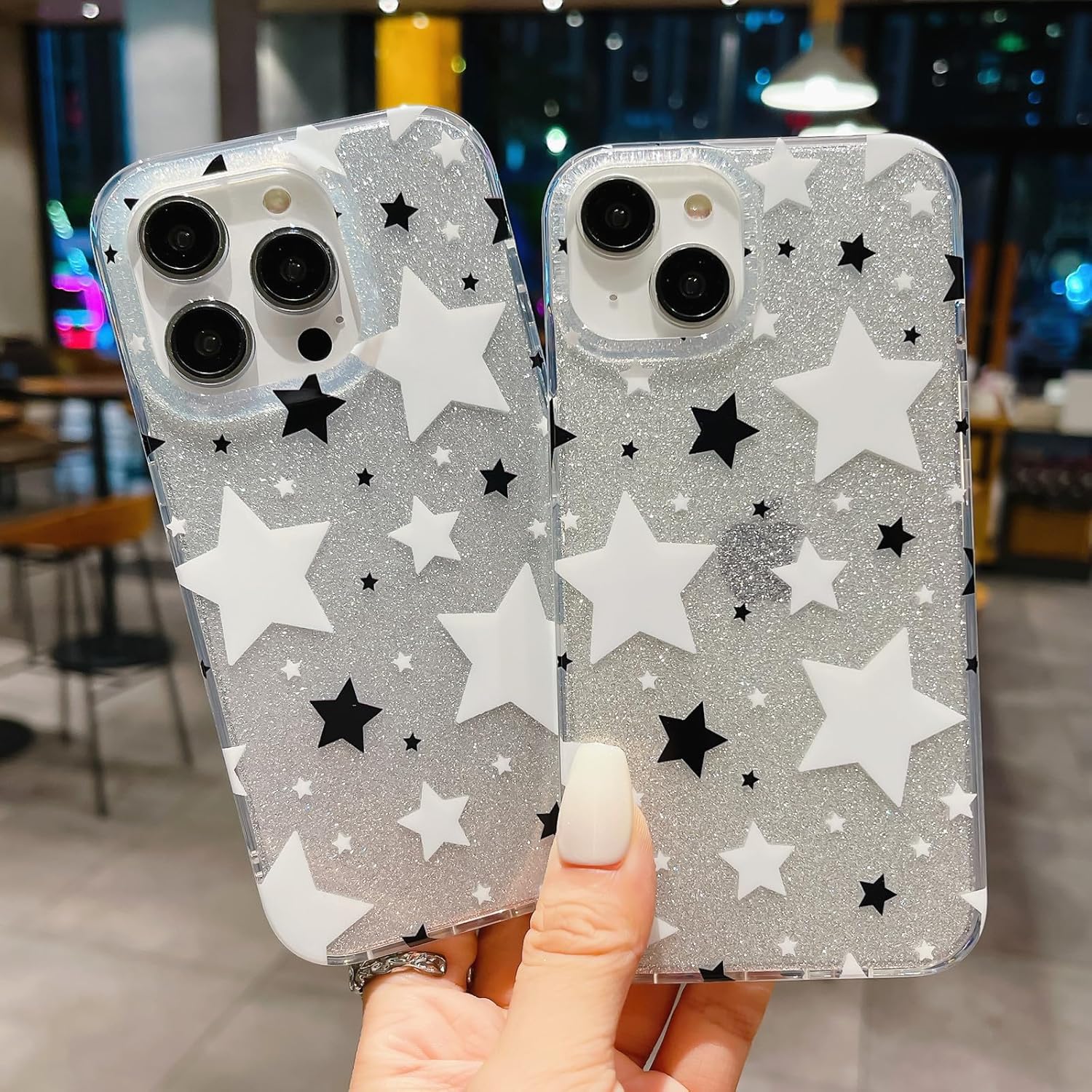 HYUEKOKO Funda compatible con iPhone 15 Pro con purpurina blanca y negra con estrellas para mujeres y niñas, funda delgada y dura para iPhone 15 Pro