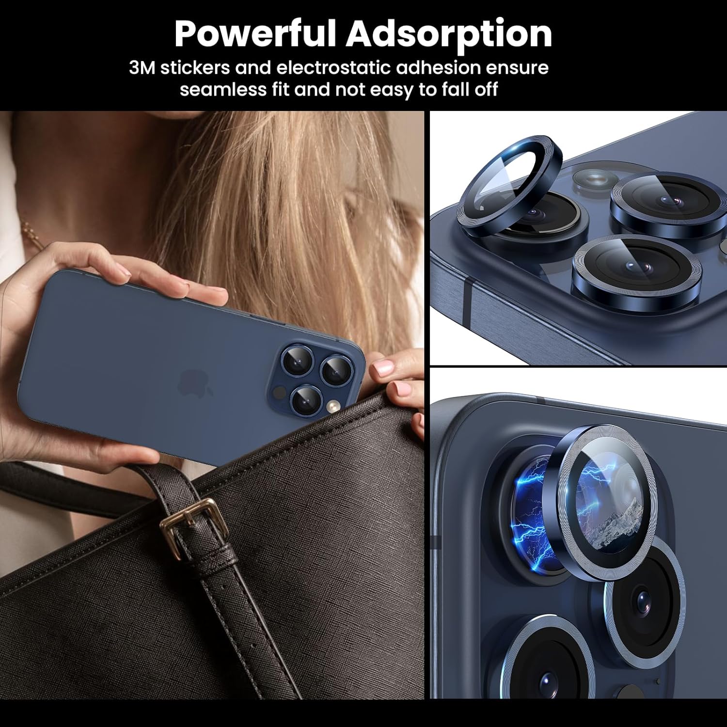 Tensea Protector de lente de cámara para iPhone 15 ProiPhone 15 Pro Max, protector de pantalla de vidrio templado 9H, anillo individual de metal