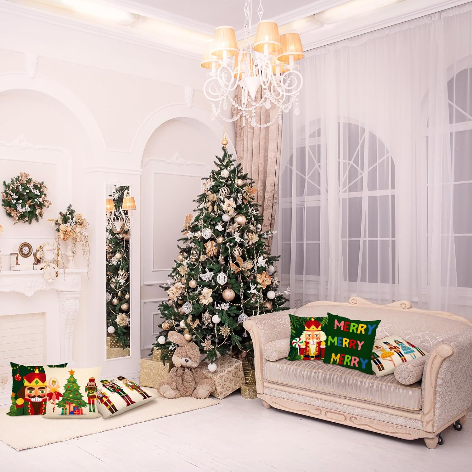 Tatuo 6 fundas de almohada de cascanueces de Papá Noel de Navidad, decoración de cojín de Papá Noel, 18 x 18 pulgadas, decoración navideña para