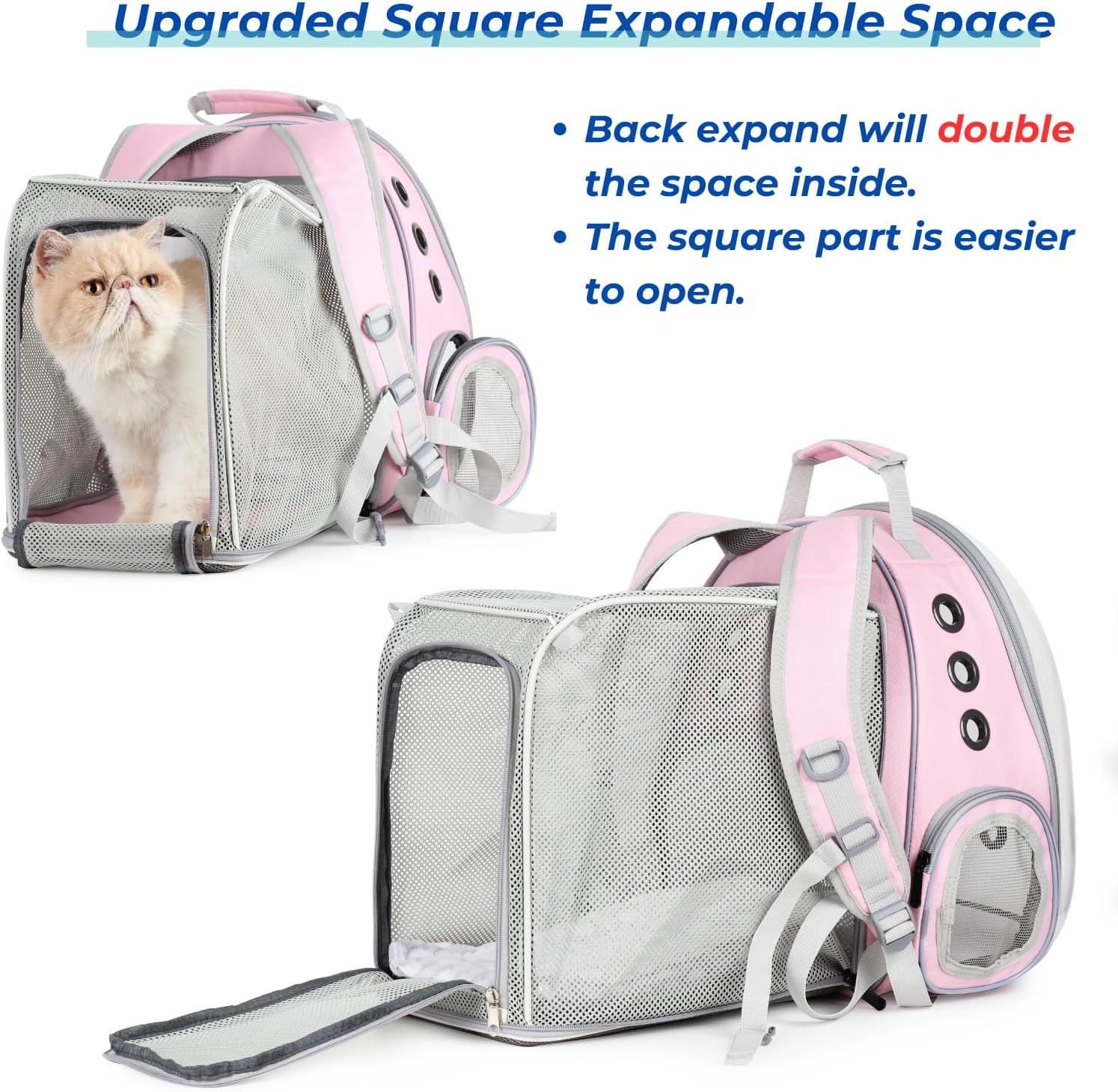Lollimeow Mochila expandible de burbujas para gatos y perros (cuadrado expandible, rosa)