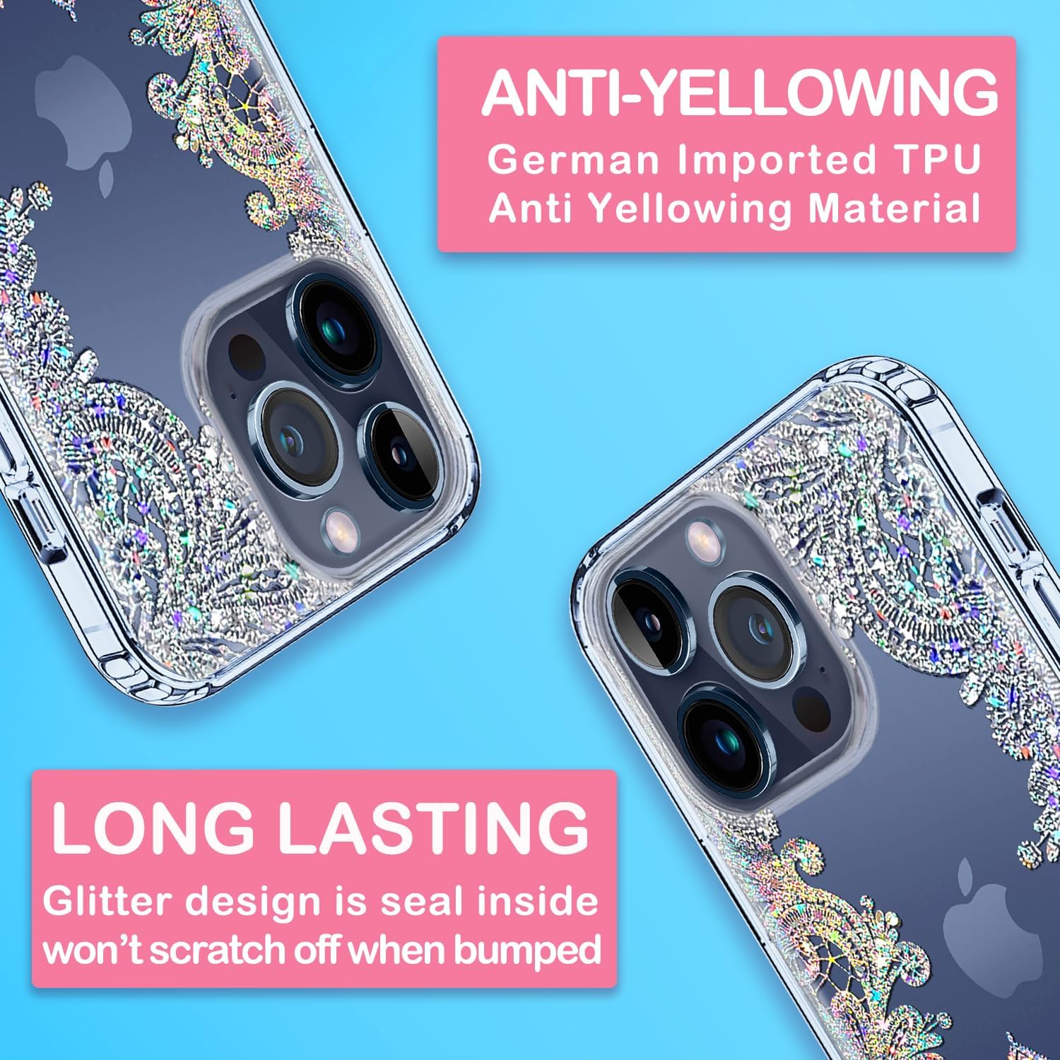 Coolwee Funda transparente antiamarillamiento con purpurina para Apple iPhone 15 Pro, 6.1 pulgadas, 6.6 pies, protección de grado militar, protector