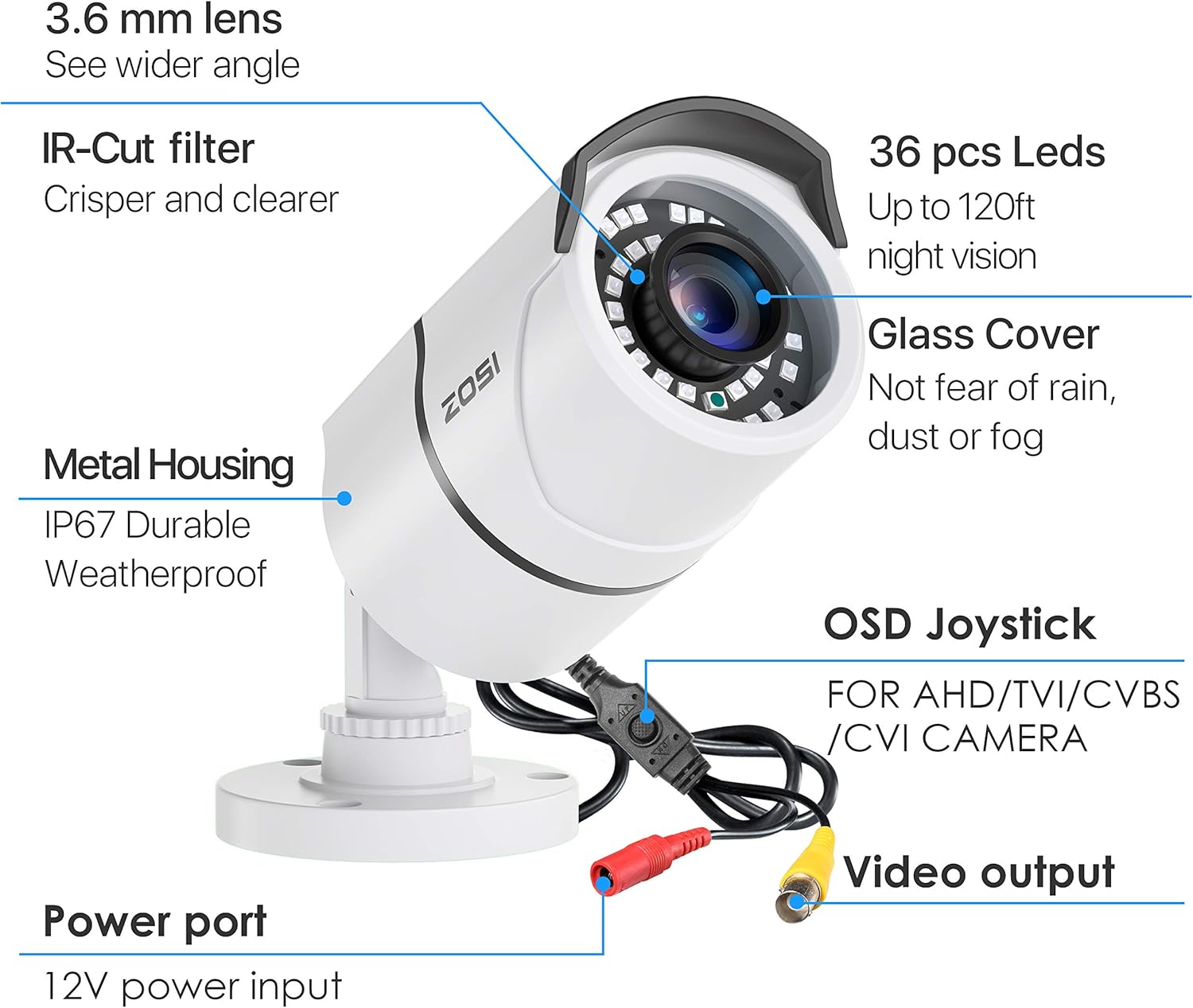 ZOSI Paquete de 2 cámaras de seguridad de 1080p para exteriores (híbrida 4 en 1 HD-CVITVIAHD960H CVBS analógica), 36 LED, visión nocturna IR de 120