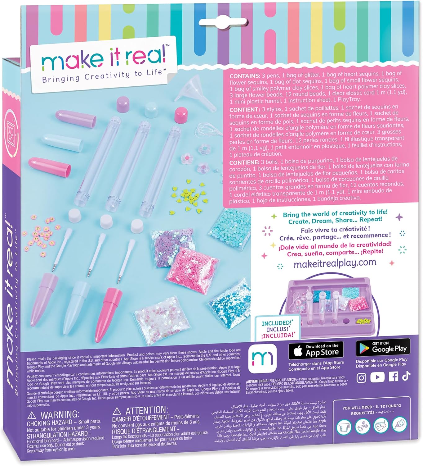 Make It Real Bolígrafos flotantes de bricolaje haz 3 bolígrafos brillantes, personaliza con purpurina y abalorios, adolescentes, niñas y niños a
