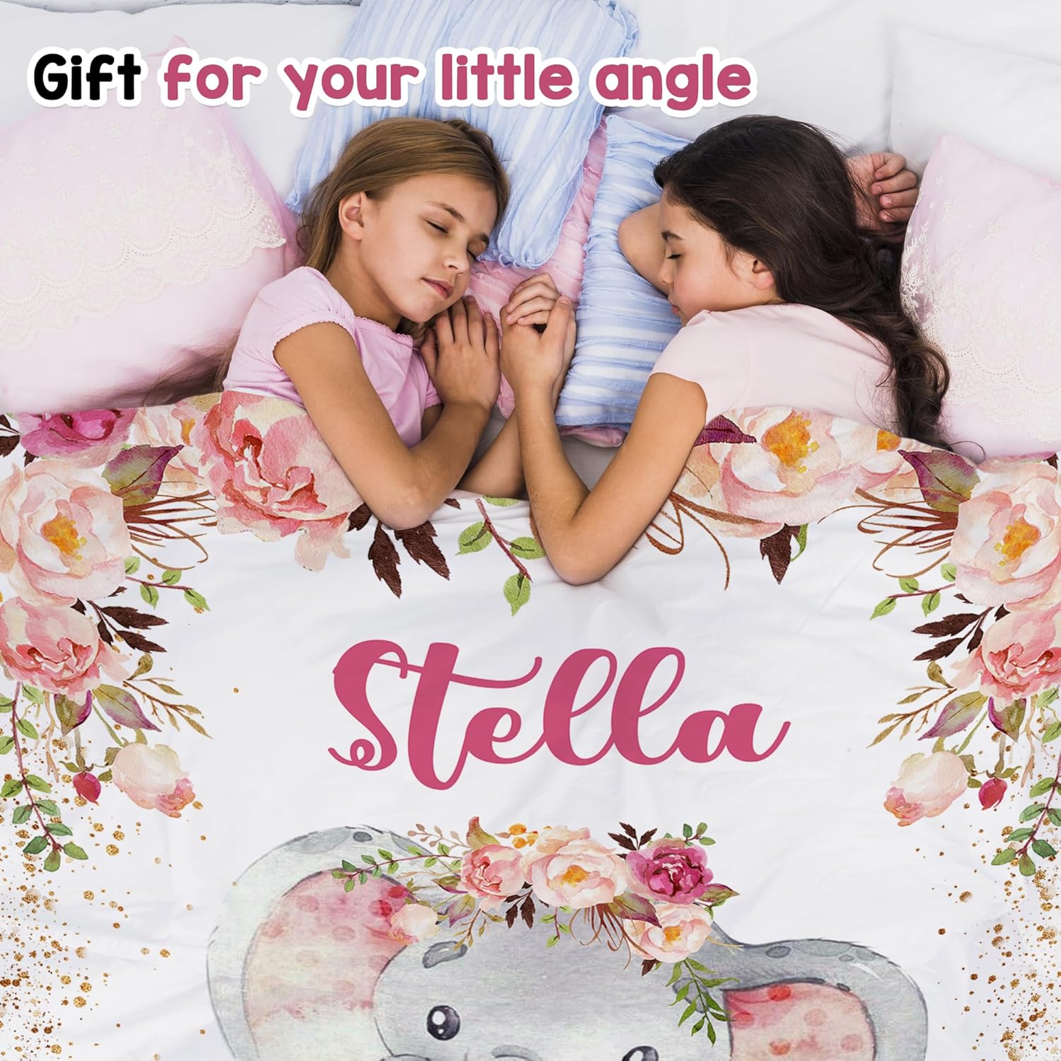 J&SBGFT Manta personalizada para bebé niña, manta de bebé personalizada, manta de envoltura con nombre de niña, mantas de recepción de elefante,