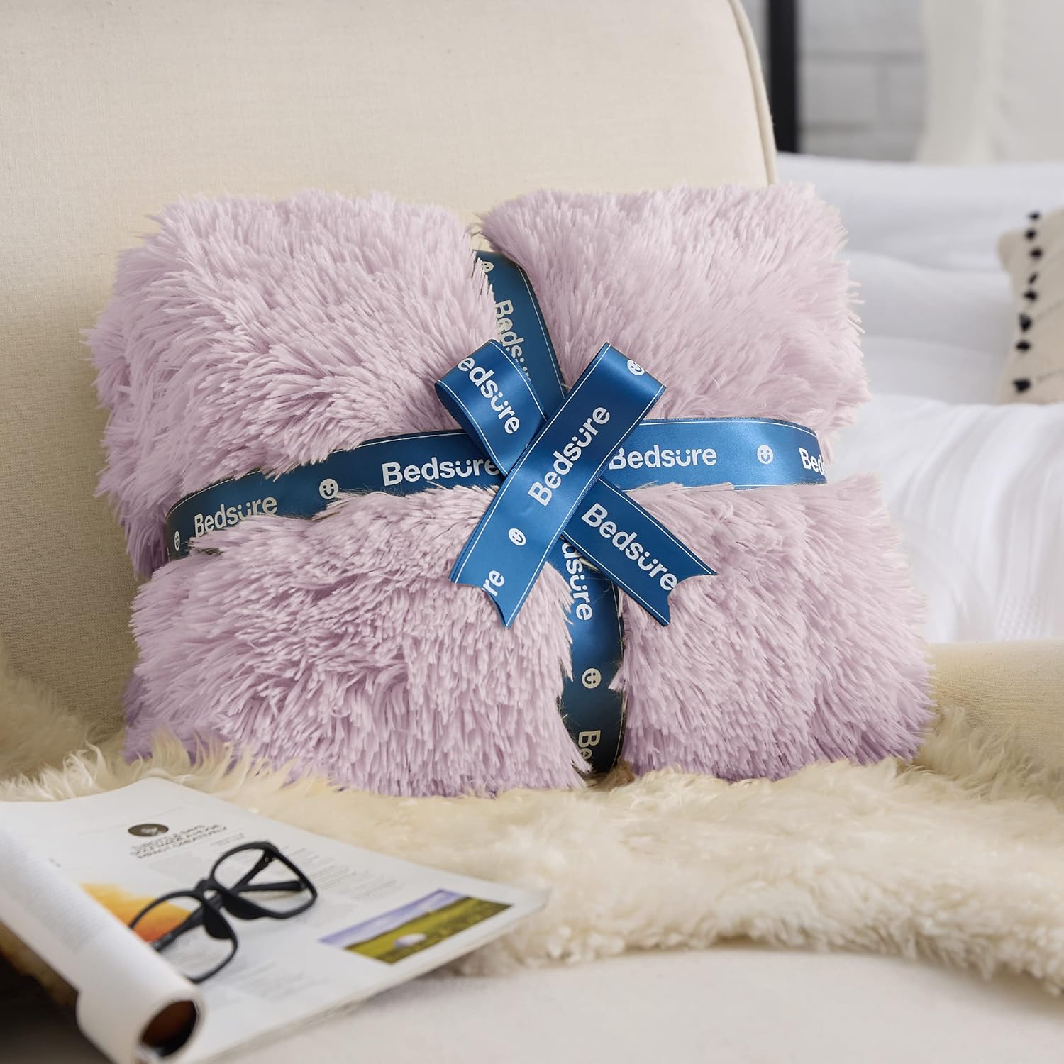 Bedsure – Manta de piel sintética color lavanda, peluda, esponjosa y lanuda, sherpa suave y gruesa, regalo decorativo de teñido anudado, mantas para