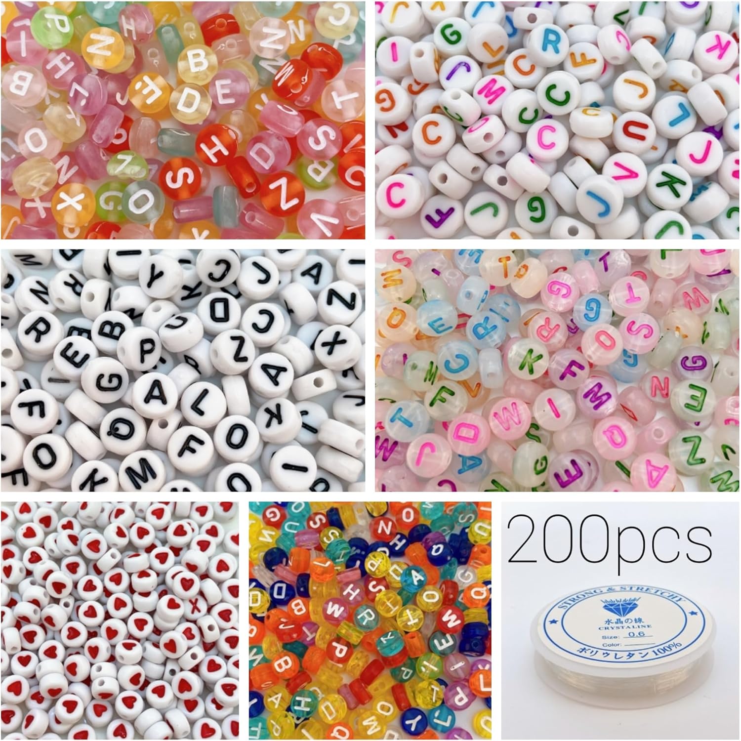 Juego de 1200 cuentas de letras de 6 colores redondos acrílicos del alfabeto, pulseras de la amistad, cuentas del alfabeto surtido con 1 rollo de