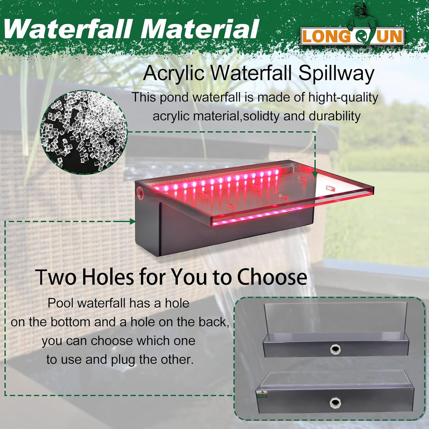 LONGRUN Fuente de piscina al aire libre con control de aplicación de cascada, luz LED multicolor para piscina al aire libre, derrame de agua
