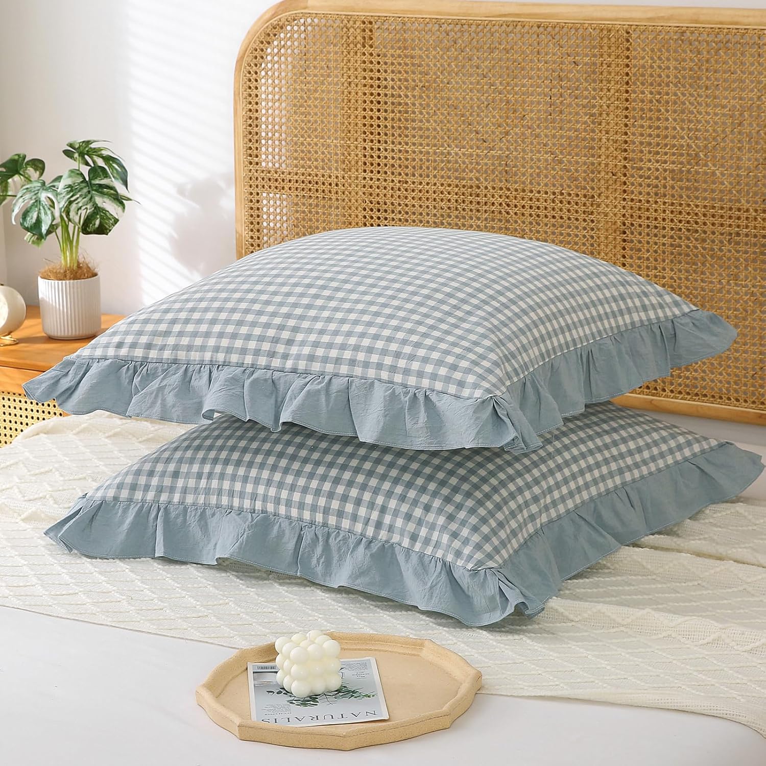Juego de 2 fundas de almohada europeas a cuadros azules y blancos, fundas de almohada con volantes, fundas de almohada de algodón lavado a cuadros