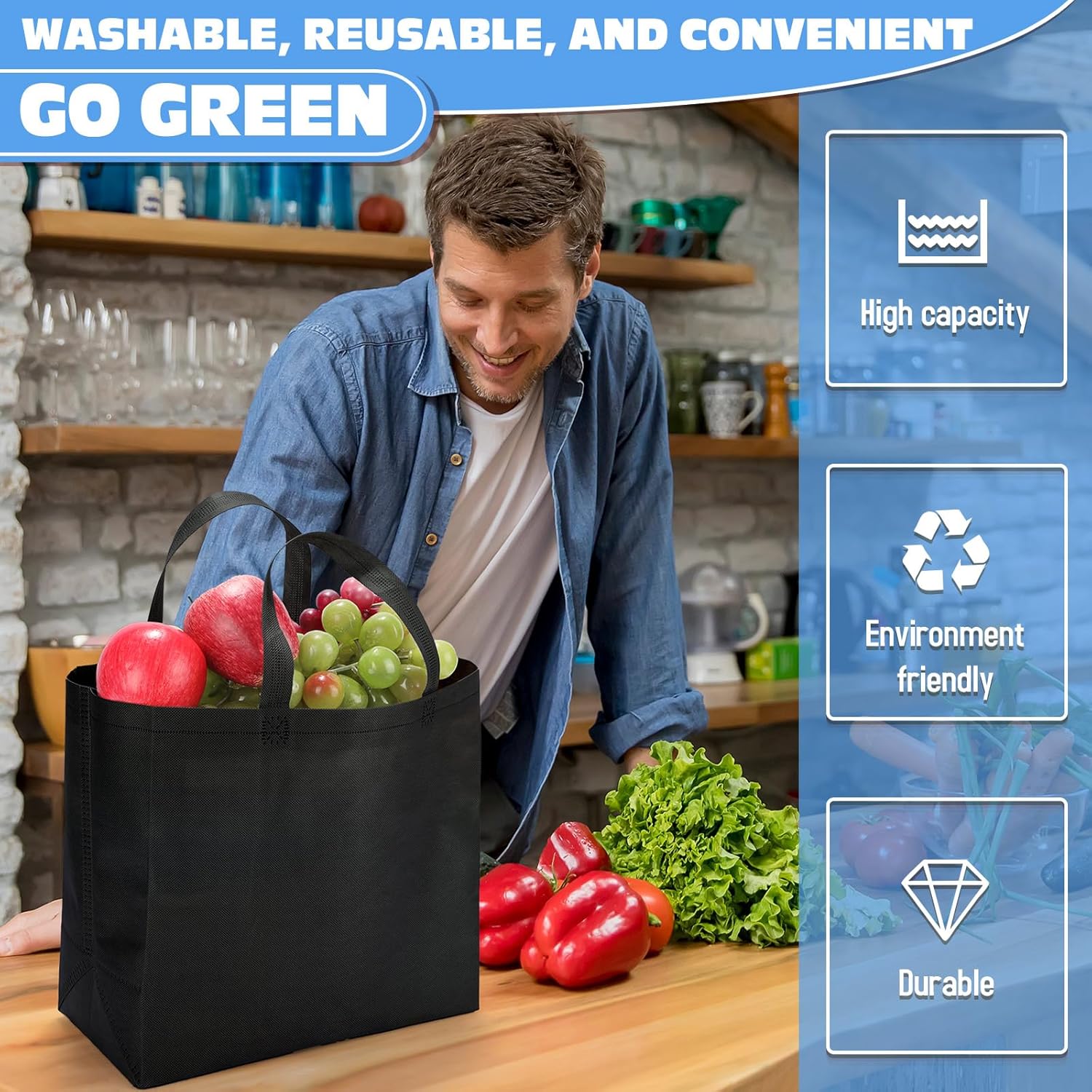200 bolsas de comestibles reutilizables de 12.6 x 11.8 x 6.3 pulgadas, grandes bolsas de compras no tejidas plegables y portátiles a granel