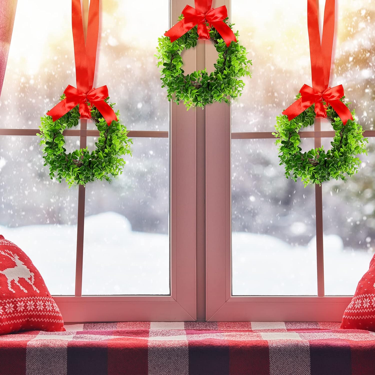 Coronas de Navidad con cinta para armarios de cocina, ventanas, puertas, paredes, juego de 6 pequeñas decoraciones de vegetación artificial