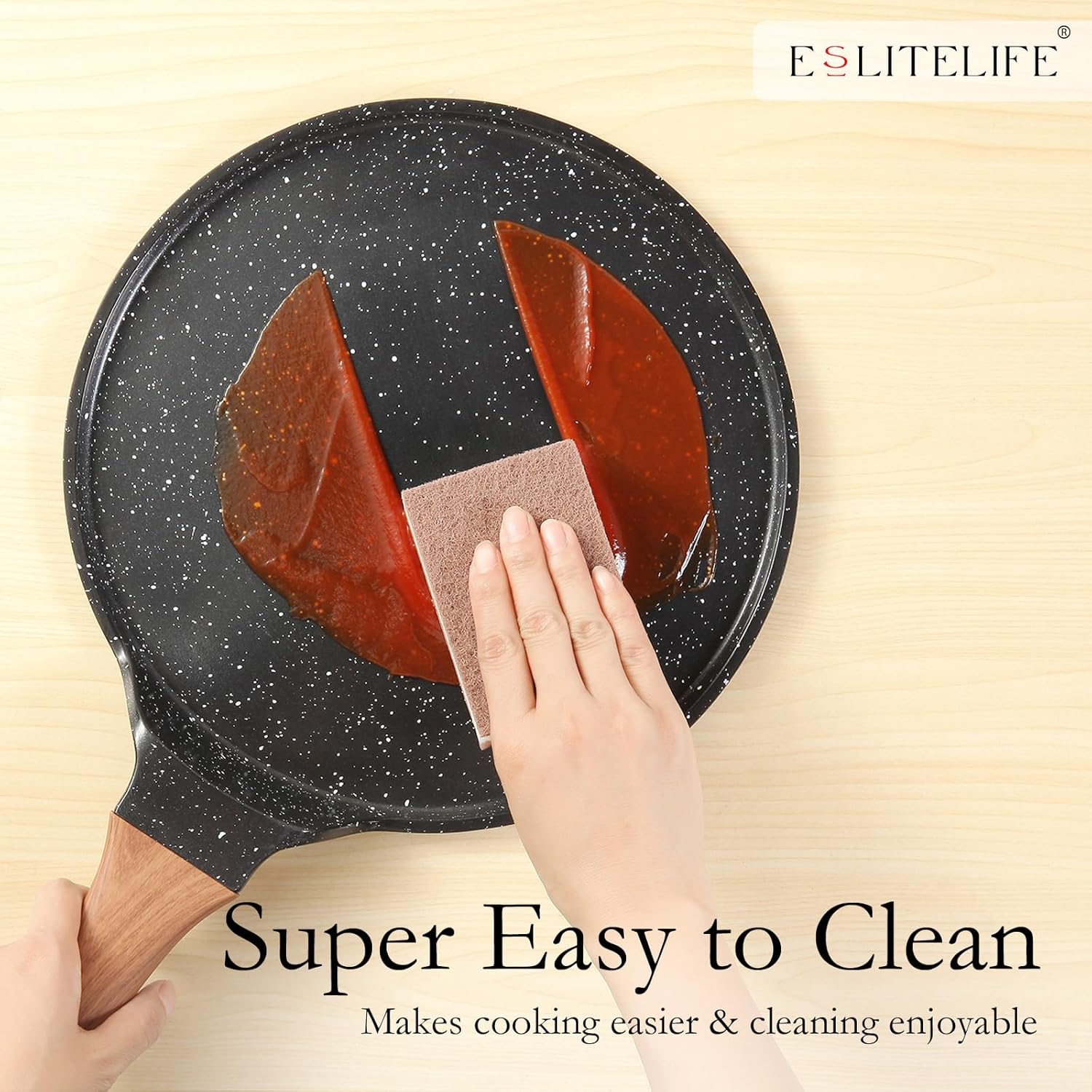 ESLITE LIFE Sartén antiadherente para crepas con esparcidor, sartén plana con revestimiento de cerámica de 9.5 pulgadas, sartén para tortilla Tawa