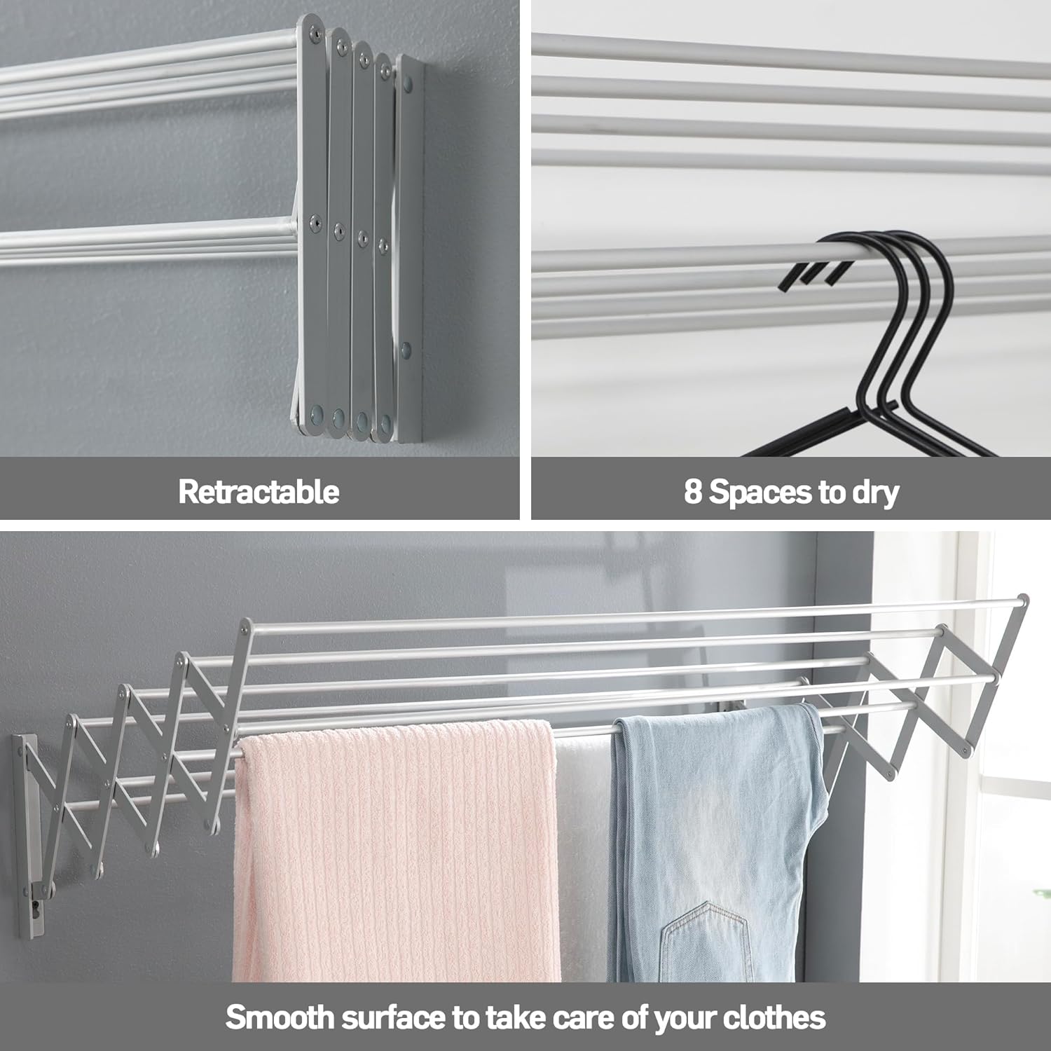 Escurridor de ropa de montaje en pared  Estante de secado de pared expandible de aluminio con 8 varillas  Ideal para lavandería, baño, balcón,
