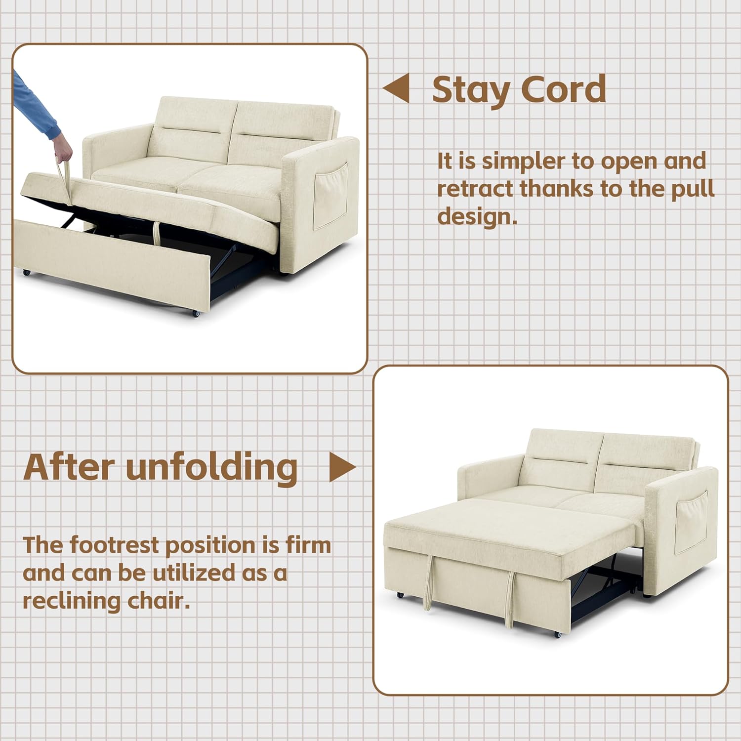 Yoglad Sofá cama convertible 3 en 1, futón biplaza con cama extraíble, respaldo ajustable y 2 almacenamientos, para espacios pequeños, sala de