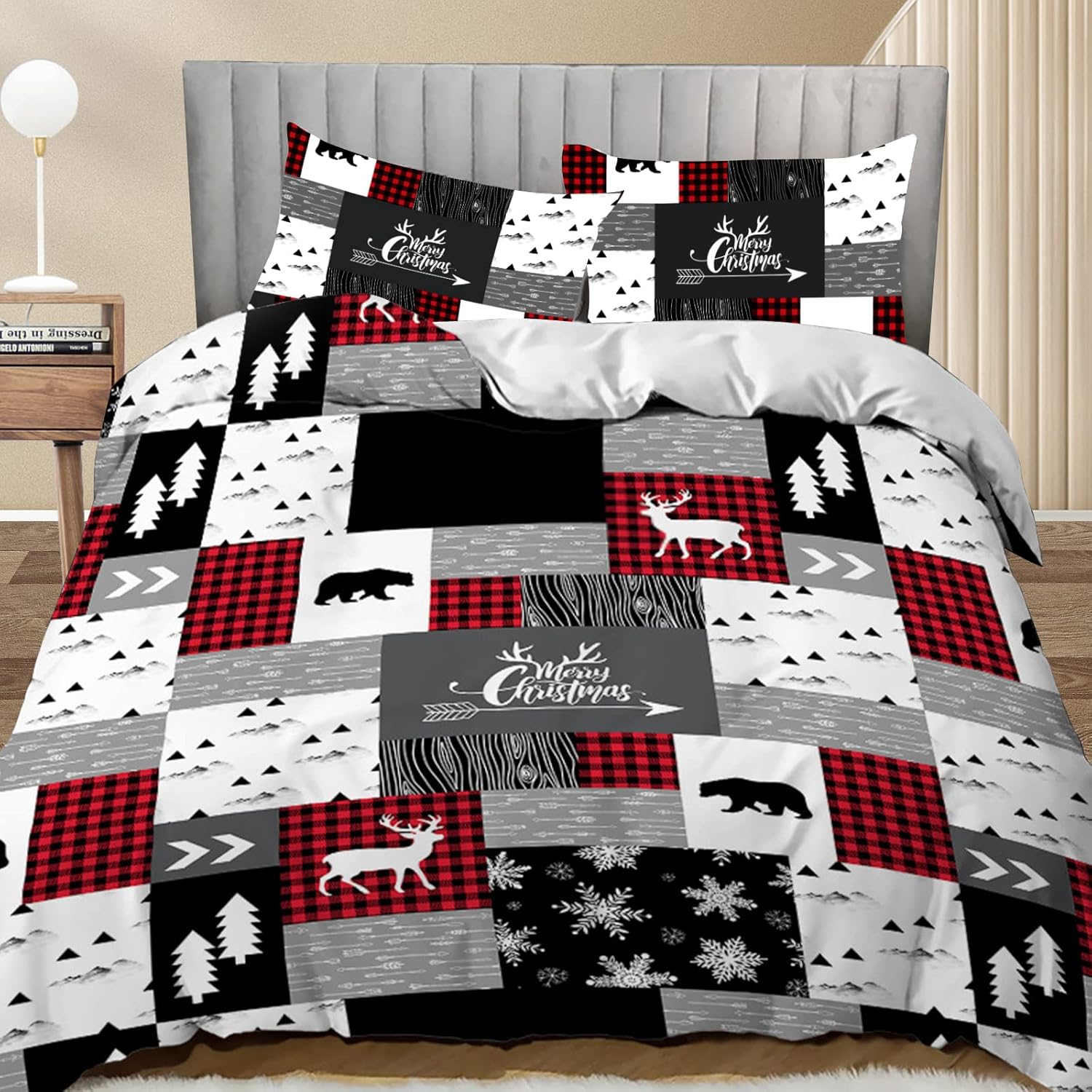VENTIMI Juego de funda de edredón de Navidad, tamaño King, juego de ropa de cama de Navidad con estampado de ciervos y copos de nieve, 3 piezas (1