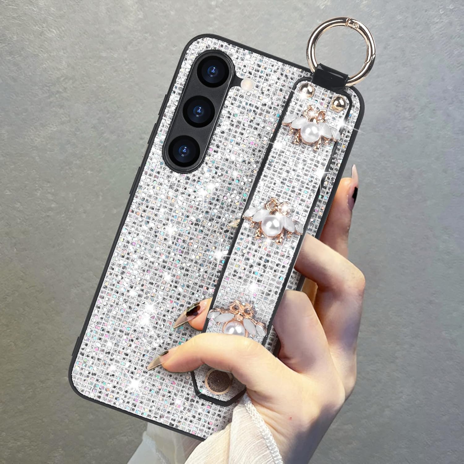 Guppy Compatible con Samsung Galaxy S23 Plus Bling Stand Case, Luxury Sparkle Bling Funda protectora con soporte y correa de mano, correa de muñeca