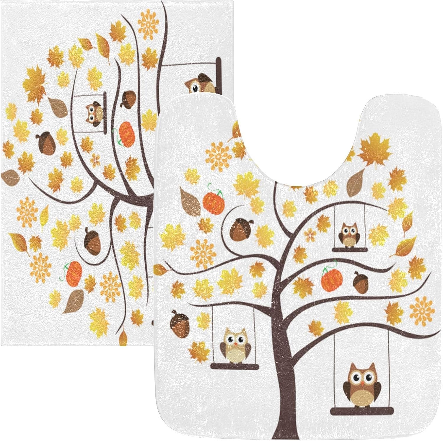 Bathroom Rugs Sets 2 Piece 24×16+24×20 Inch,Soft U-Shaped Contour Toilet Rug Fall Owl Pumpkins Non-Slip Absorbent Bath Floor Mat Carpet Set Water