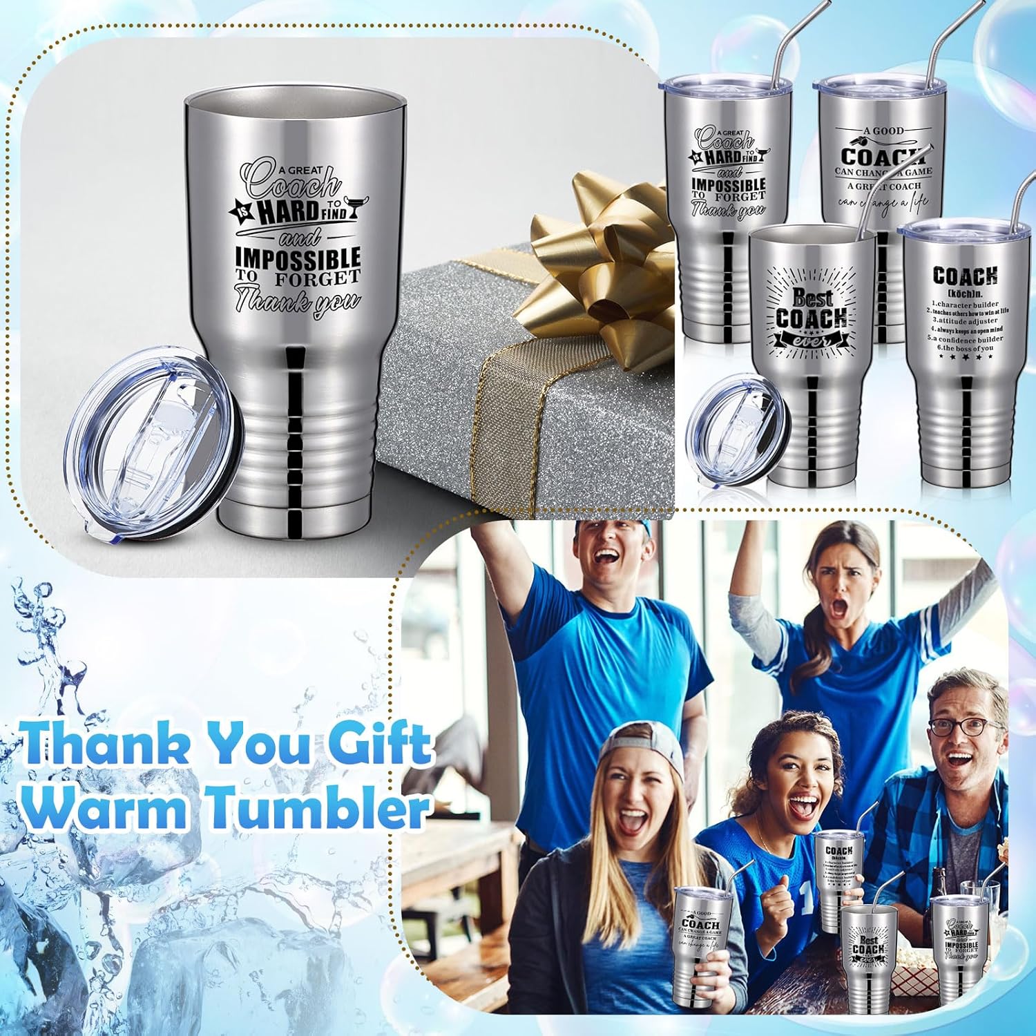 Juego de 4 vasos de acero inoxidable con tapas y pajitas, regalo de agradecimiento para entrenador, para hombres y mujeres, baloncesto, fútbol,