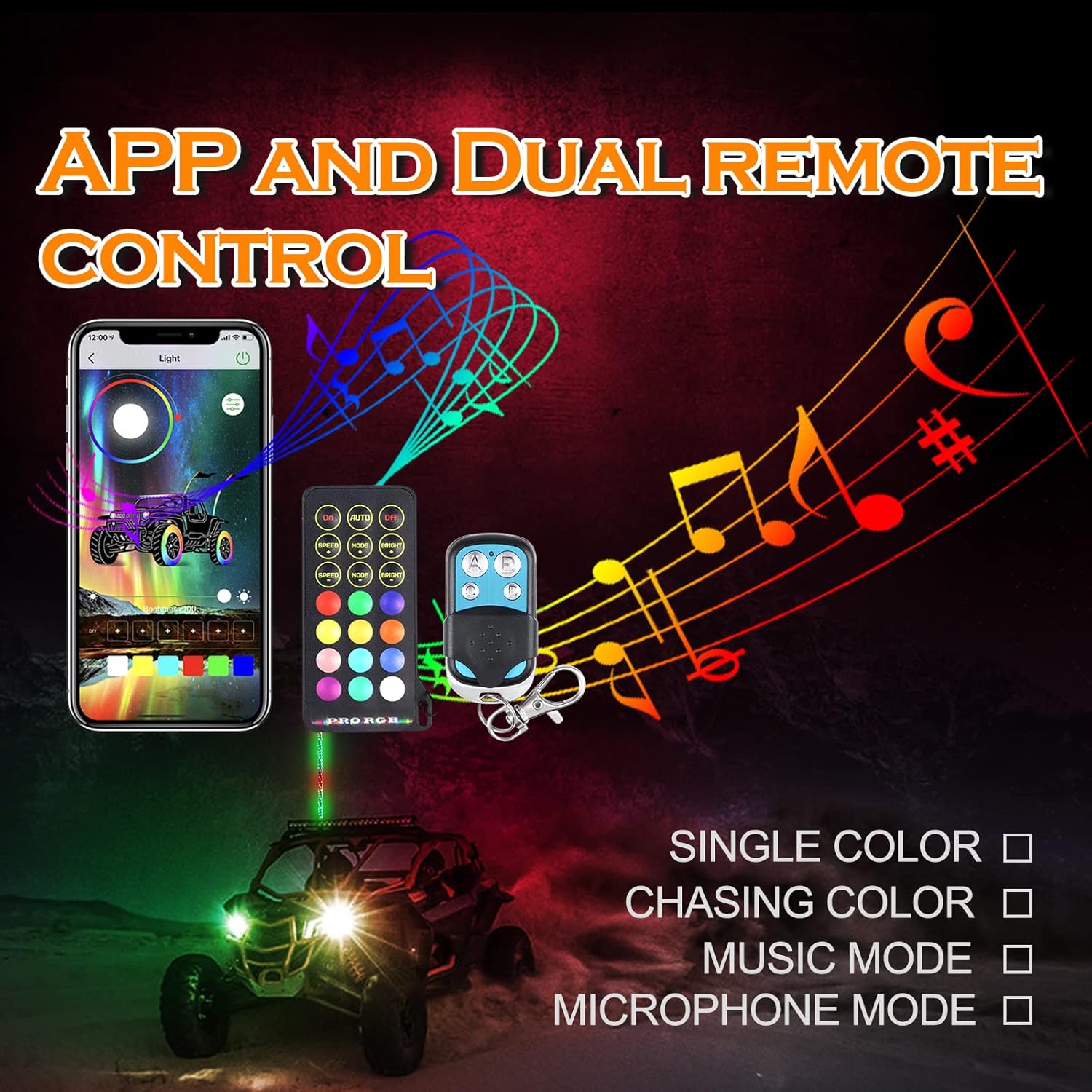 2 luces LED de látigo de 3 pies y 8 vainas de 210 grados de luces de roca de gran angular con aplicación y control remoto, modo de música,